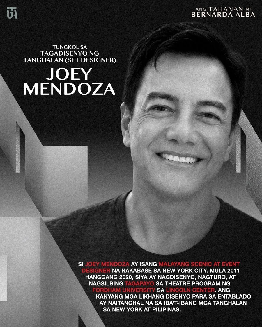 Joey Mendoza
Tagadisenyo ng Tanghalan

Malayang scenic at event designer na nakabase sa New York City, na may mga disenyong naitanghal sa New York at Pilipinas.