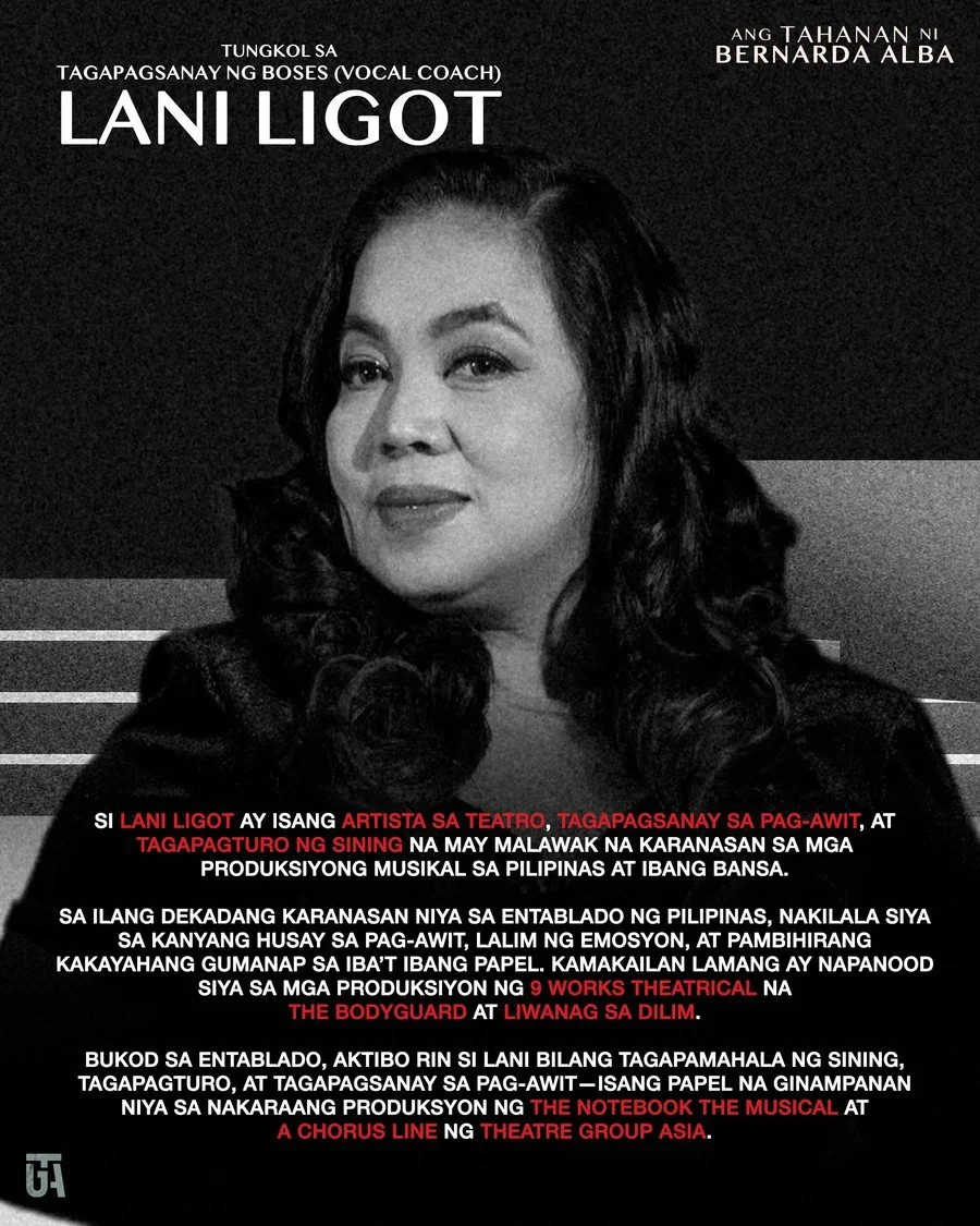 Lani Ligot
Tagapagsanay ng Boses

Artista sa teatro, tagapagsanay sa pag-awit, at tagapagturo ng sining na may karanasan sa mga produksyong musikal sa Pilipinas at ibang bansa.