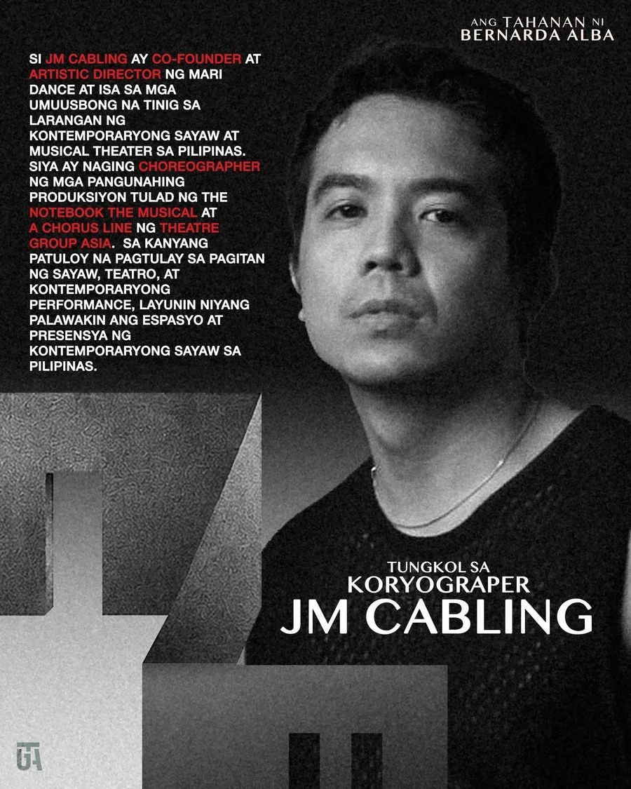 JM Cabling
Koryograper

Nagtatrabaho sa pagitan ng sayaw, teatro, at kontemporaryong performance.