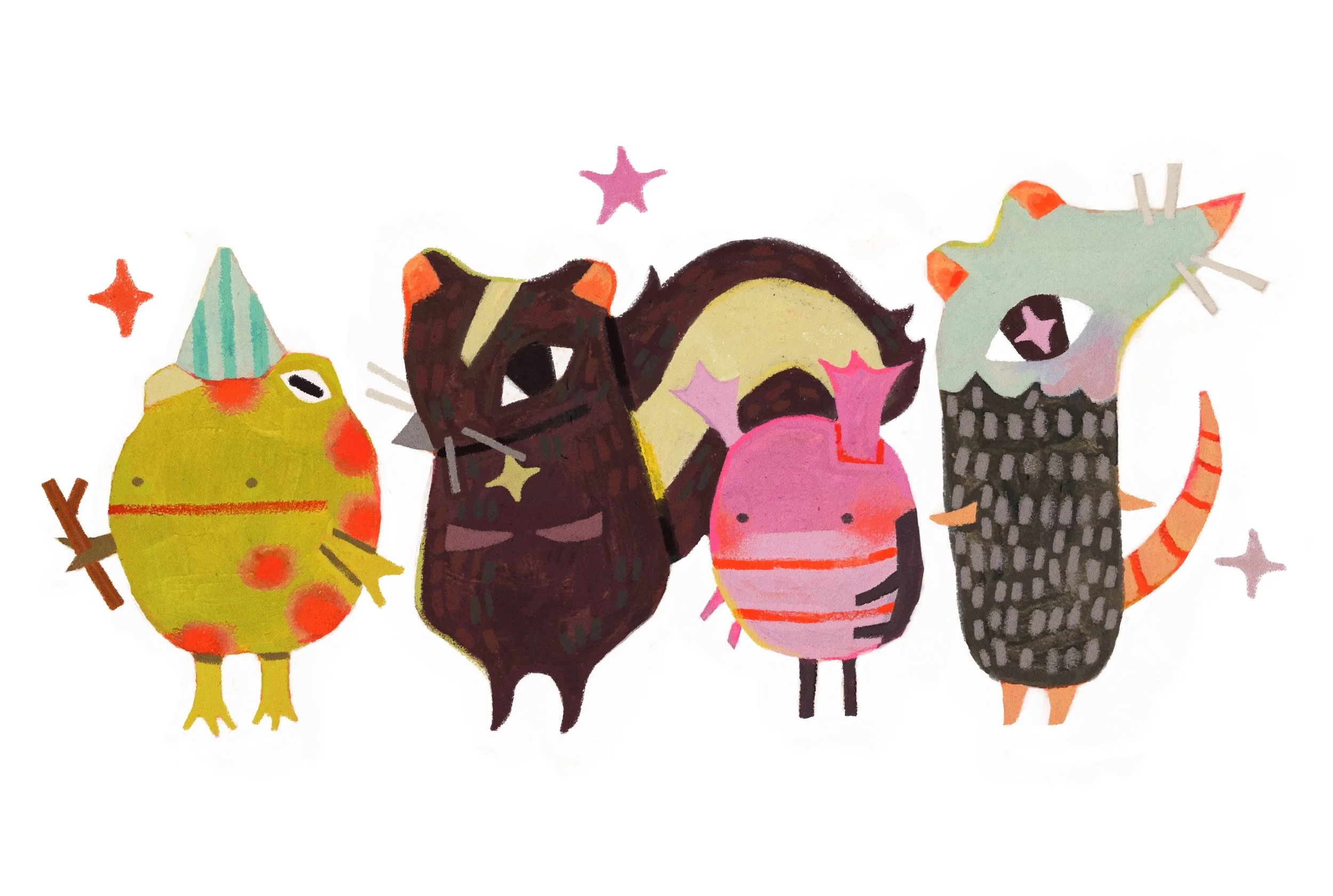"Forest Crew", gouache and pastel on mixed media paper, edited on Procreate.