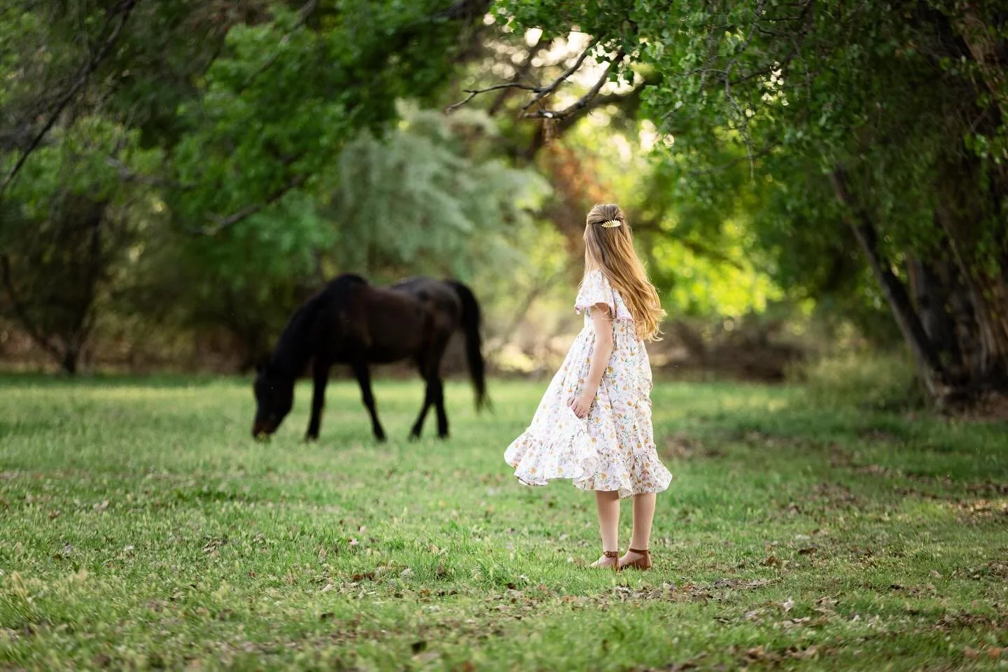 She paused mid twirl when she caught a glimpse of this horse that had moved behind her and into my frame.  Her sweet heart yearned to befriend it right on the spot.