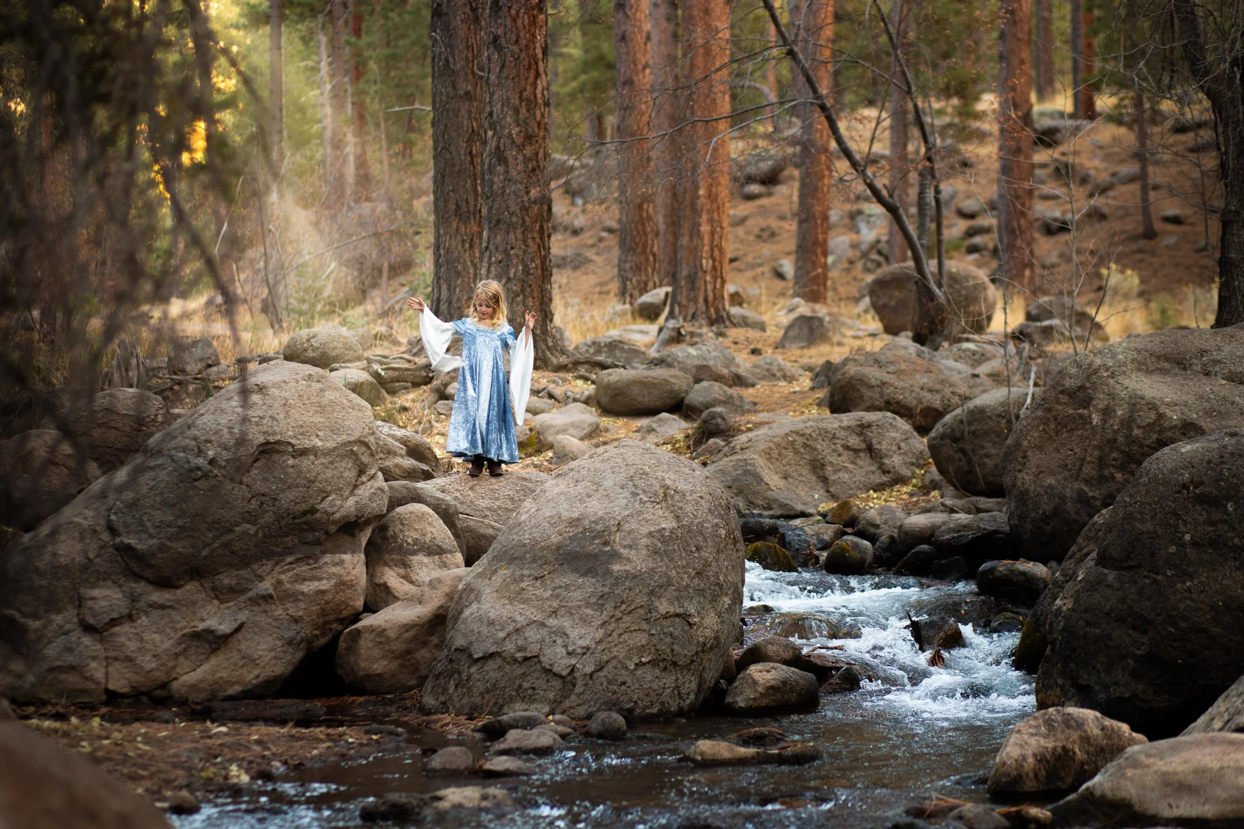 Little girl dresses as Arwen from Lord of the Rings in Pine Valley utah during Imagine portrait session.