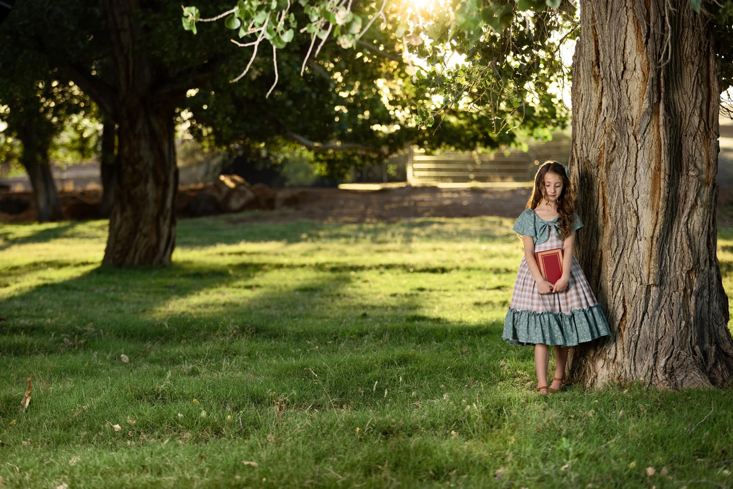 A story book photo of a girl holding a book under the cottonwood trees in the grassy fields - Kirkland fields in Washington Utah during golden hour.