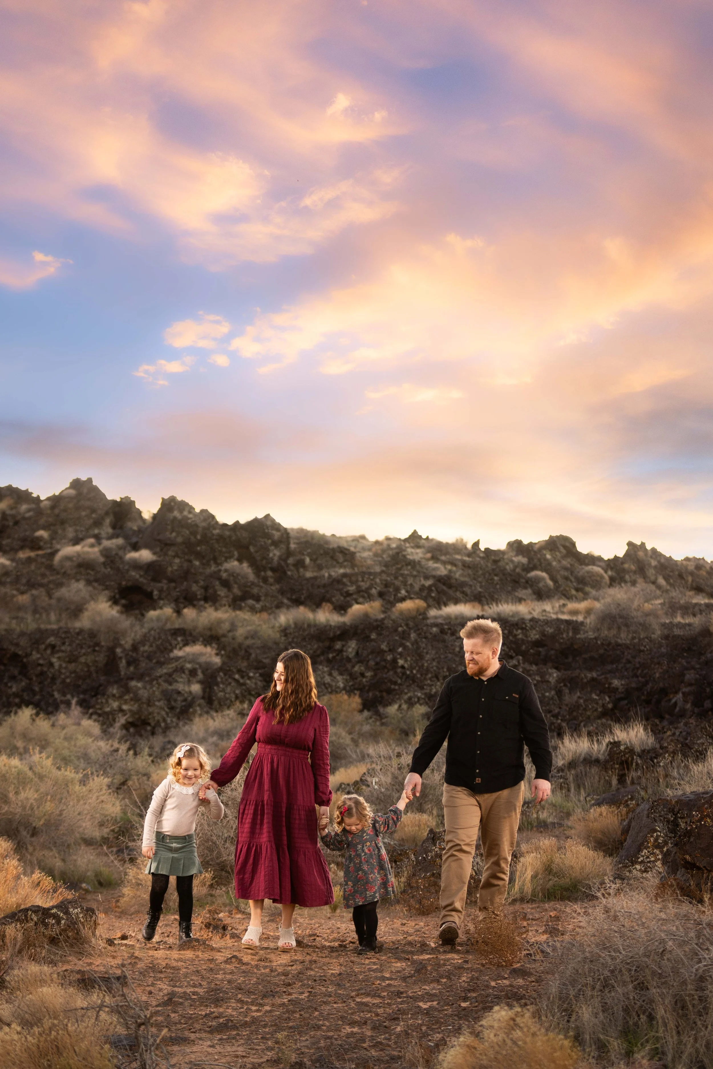 True to color family photographer - sunset portraits in the lava rock fields. 