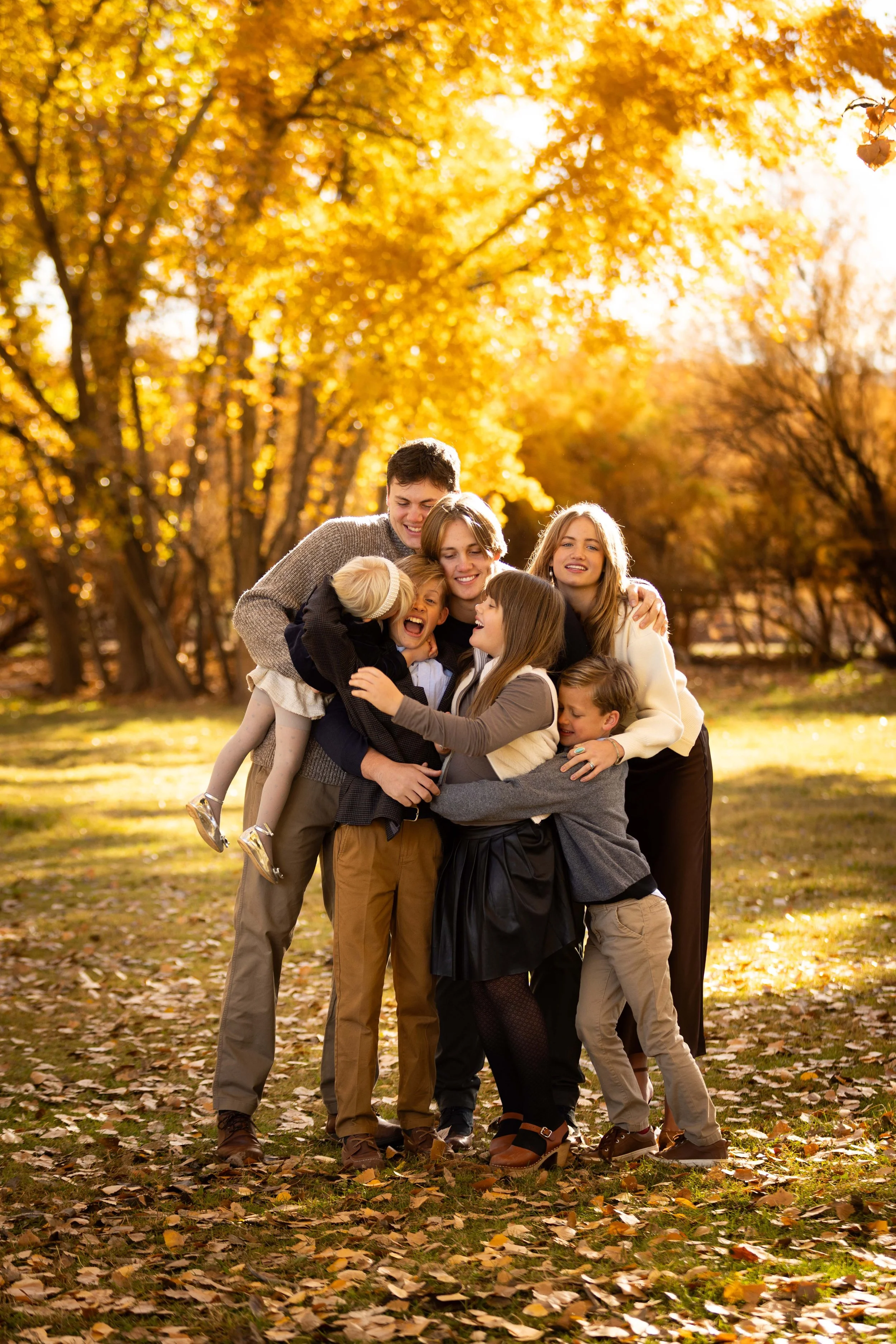 Golden fall leaves in a grassy  field in saint george utah. family photogapher