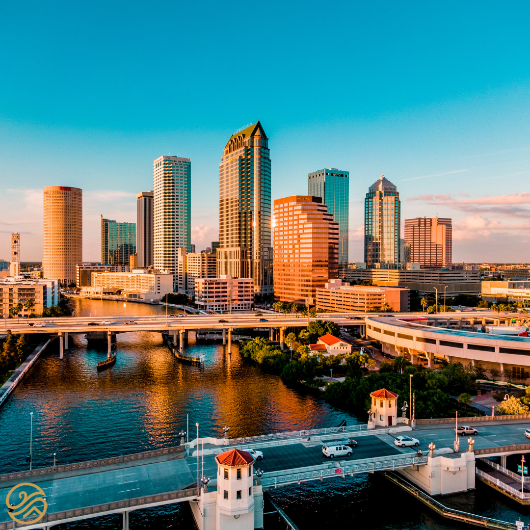 A view of the Tampa skyline, with a river and cars driving over a bridge in the foreground. 