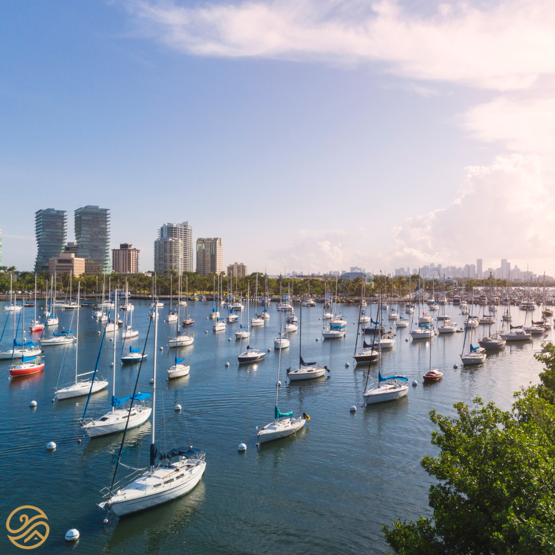 A view of the marina in Coconut Grove, Flroida, with the Miami skyline in the distance.