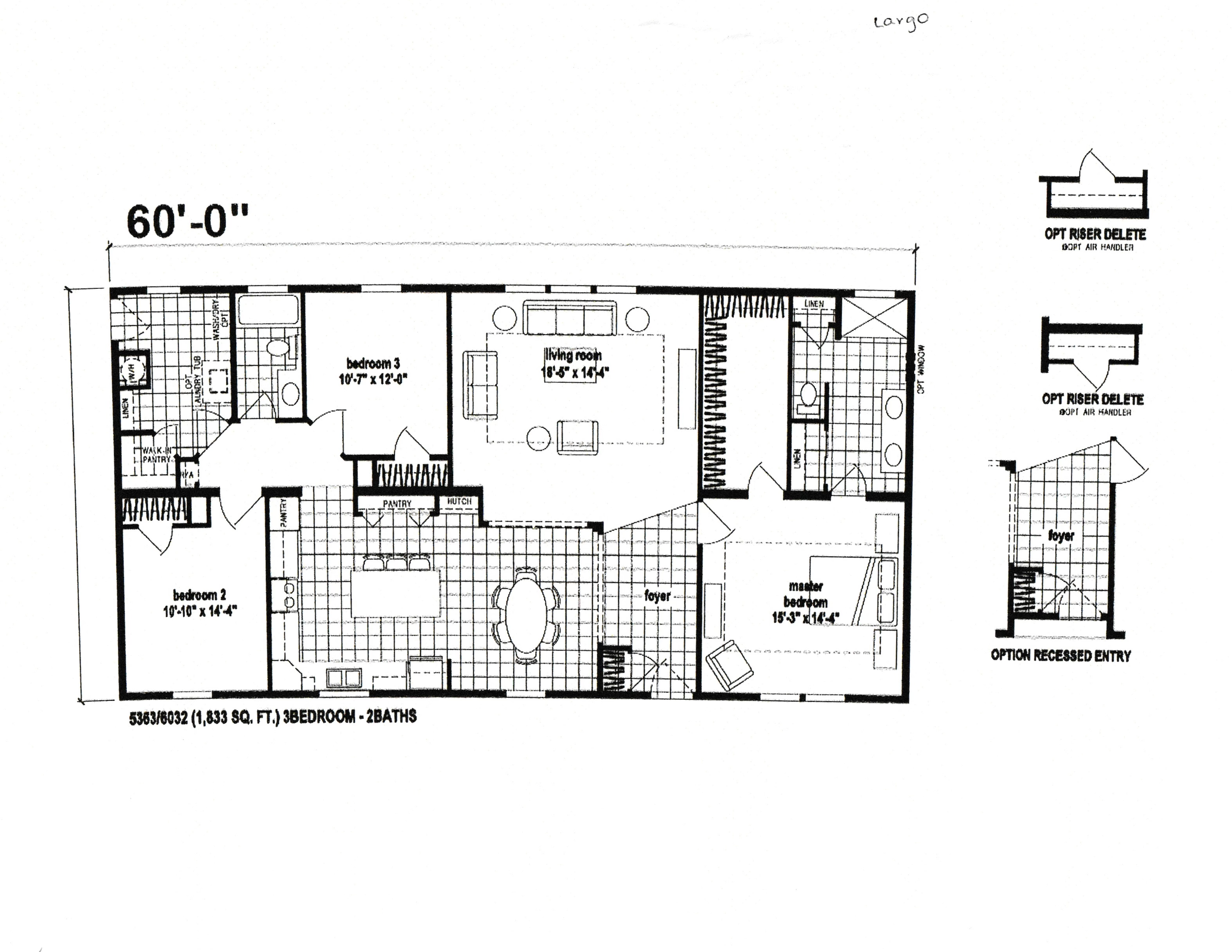 Floor plan of a single-story house measuring 1,833 square feet, featuring three bedrooms, two bathrooms, a living room, kitchen, and dining area. Includes a foyer and optional recessed entry.
