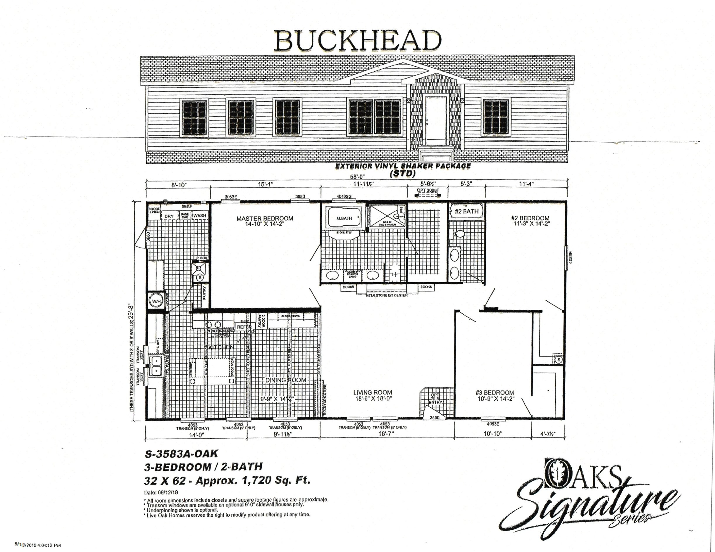 Floor plan of a single-story home labeled "Buckhead," featuring three bedrooms, two bathrooms, a living room, dining room, kitchen, and utility areas. Exterior labeled as "Exterior Vinyl Shaker Package (Std)." Total approximate size is 1,720 square feet.