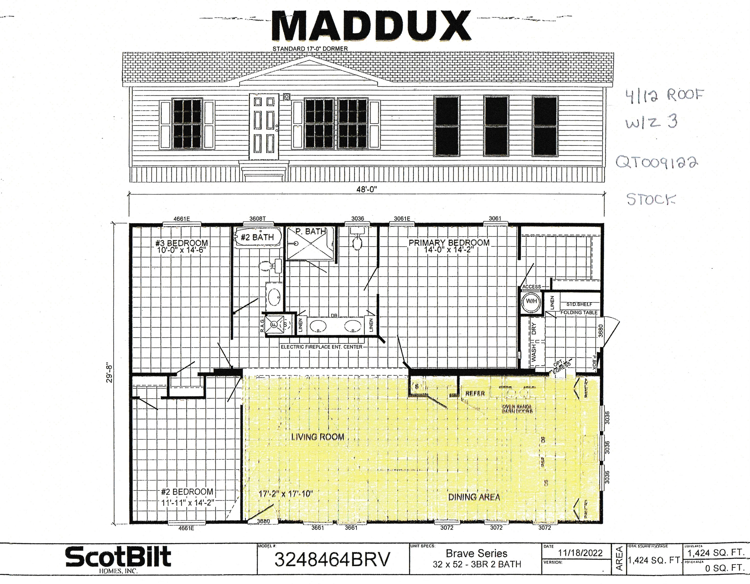 Floor plan of a residential home labeled "MADDUX," featuring a front elevation drawing. The layout includes three bedrooms, two bathrooms, a living room, dining area, and kitchen. The primary bedroom is 14' x 14'-2", and the living room is 17'-2" x 17'-10". The plan is from ScotBilt Homes, Brave Series, dated 11/18/2022, with a total area of 1,424 sq. ft.