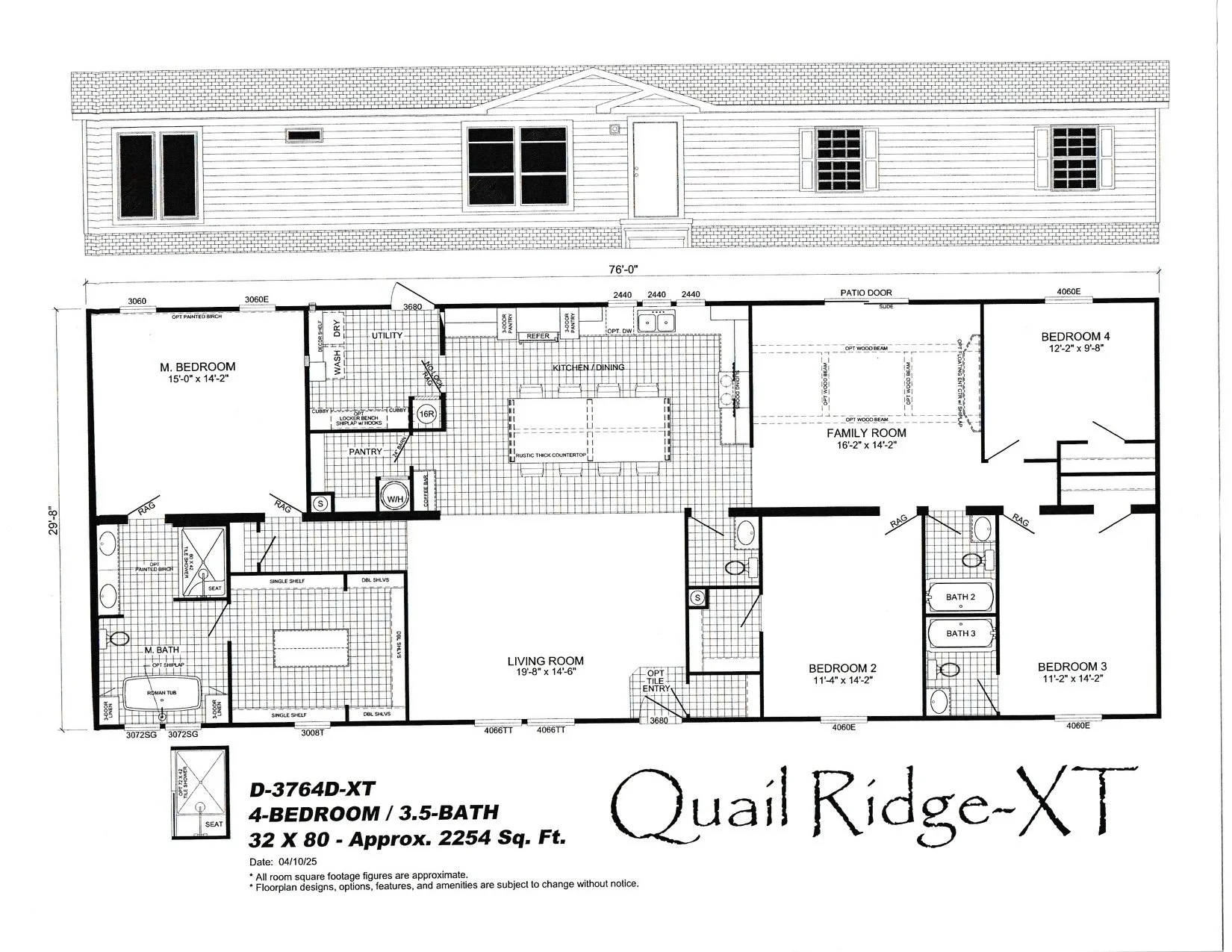 Floor plan of a single-story, four-bedroom, 3.5-bath house with an open living room, kitchen, multiple bedrooms, and bathrooms, labeled Quail Ridge XT.