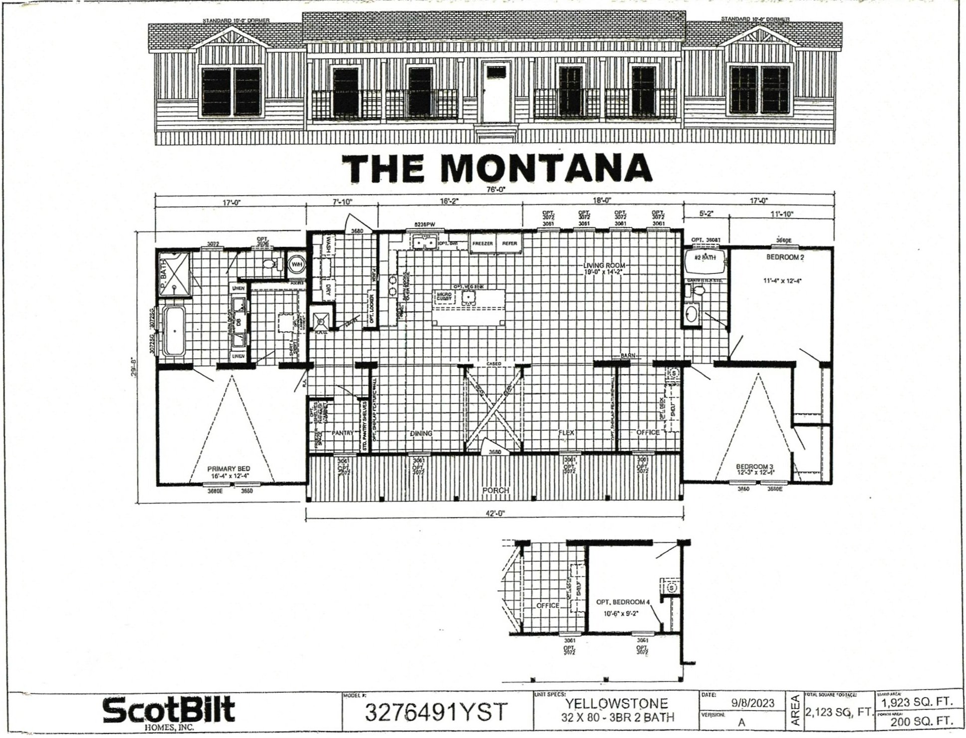 Floor plan of "The Montana" model home from ScotBilt Homes, featuring three bedrooms, two bathrooms, a kitchen, dining area, living room, office, pantry, utility space, and front porch. Total area is 1923 square feet.