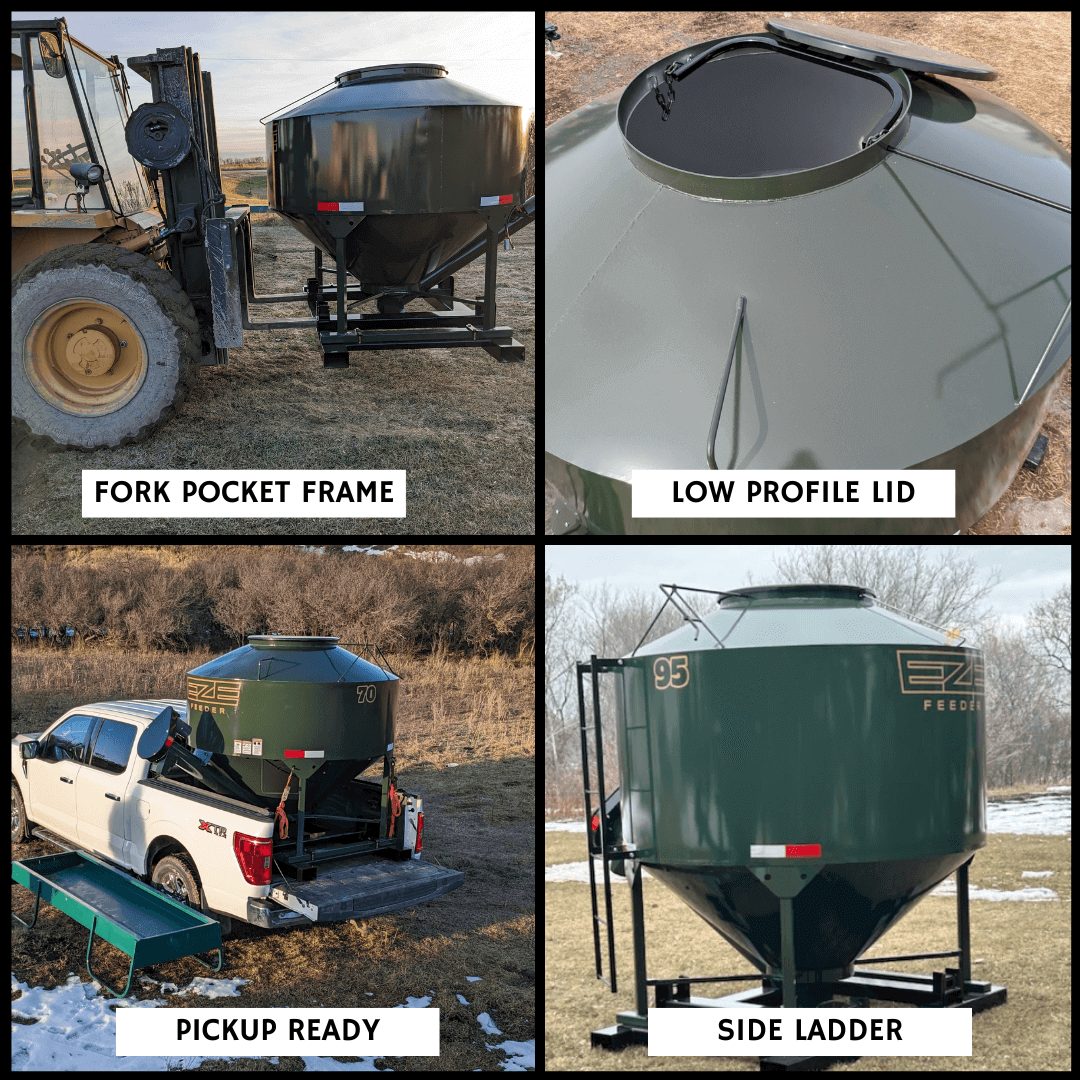 Collage of 4 images showing a green feed bin in the back of a white pick up, being moved with a fork lift, side view of the ladder and top view of the open lid.