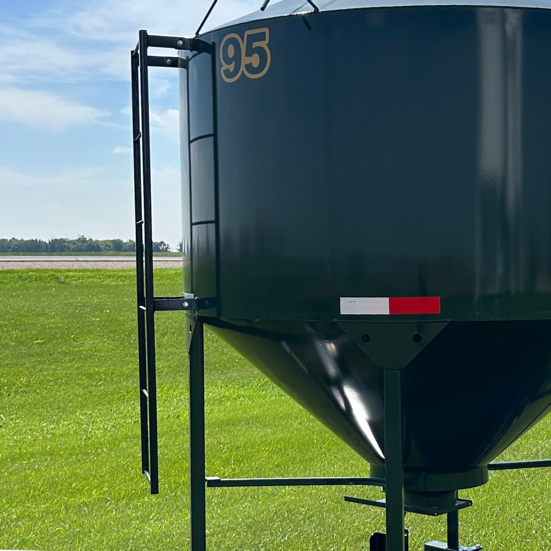 Side view of a 95 bushel EZE Mini-Bin showing the black steel built in ladder 