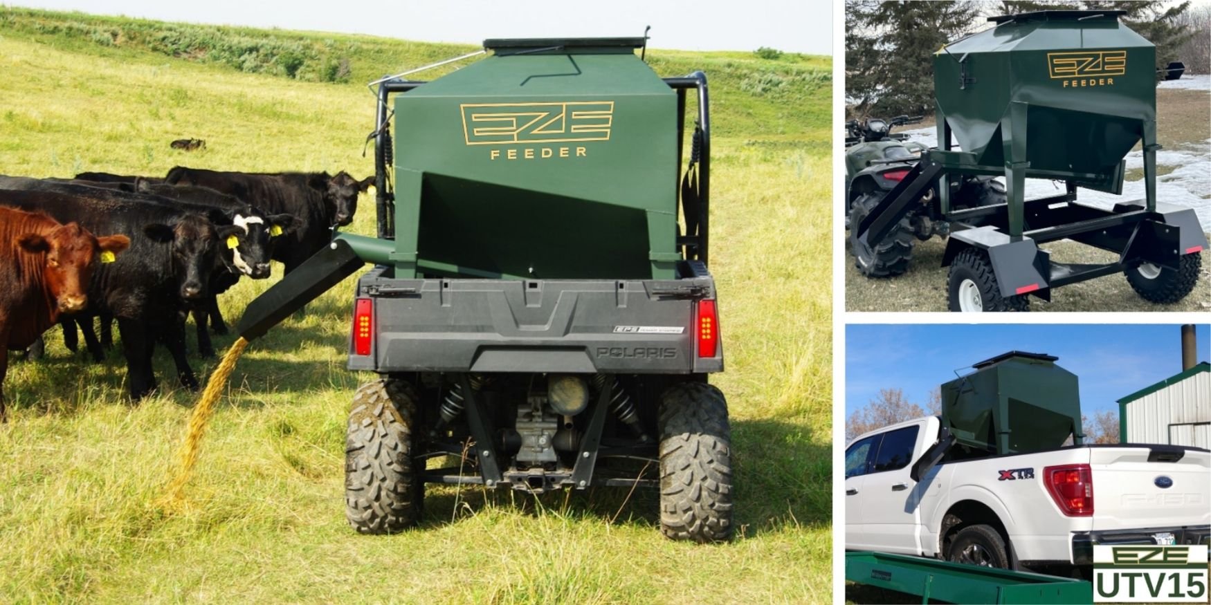 A collage picture showing a small feeder in the back of a grey UTV, towed behind a 4 wheeler and in the back of a white ford pickup