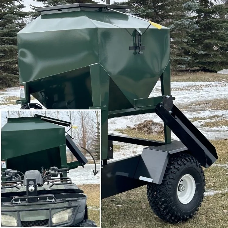 A green ATV Livestock Feeder in a field with a bit of snow in the background, large image with a smaller image showing the steel folding auger for the eze-feeder utv15 model feeder.