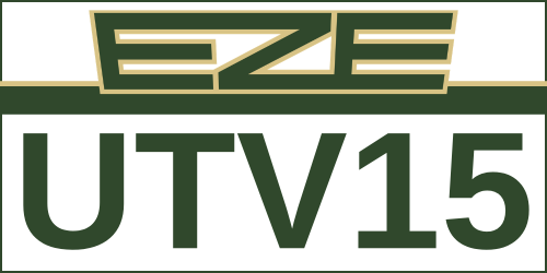 Close-up of a logo with the text 'EZE"' above 'UTV15' in bold green letters on a white background.
