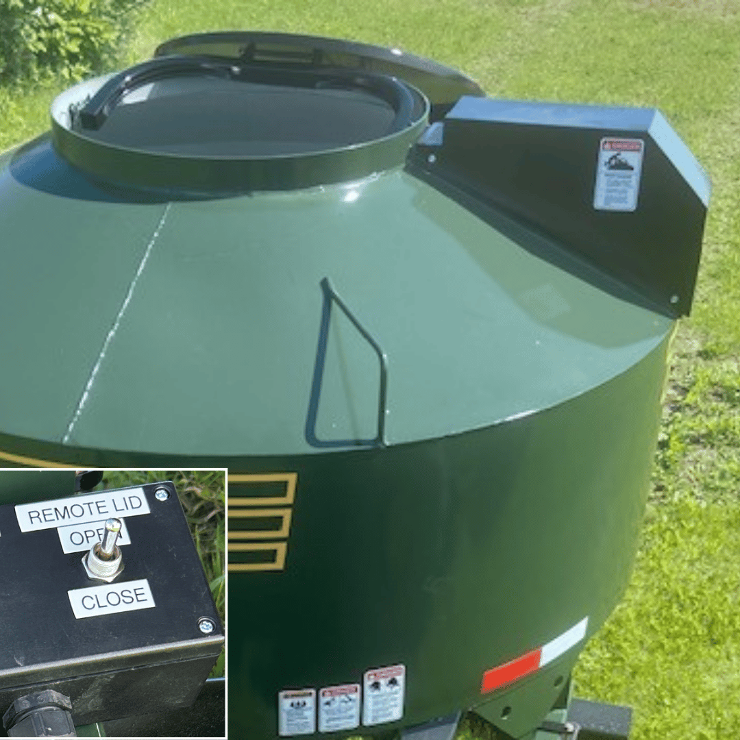 Top view of a green EZE feed bin on grass, with the lid open and a smaller inset photo showing that the lid is remote control.