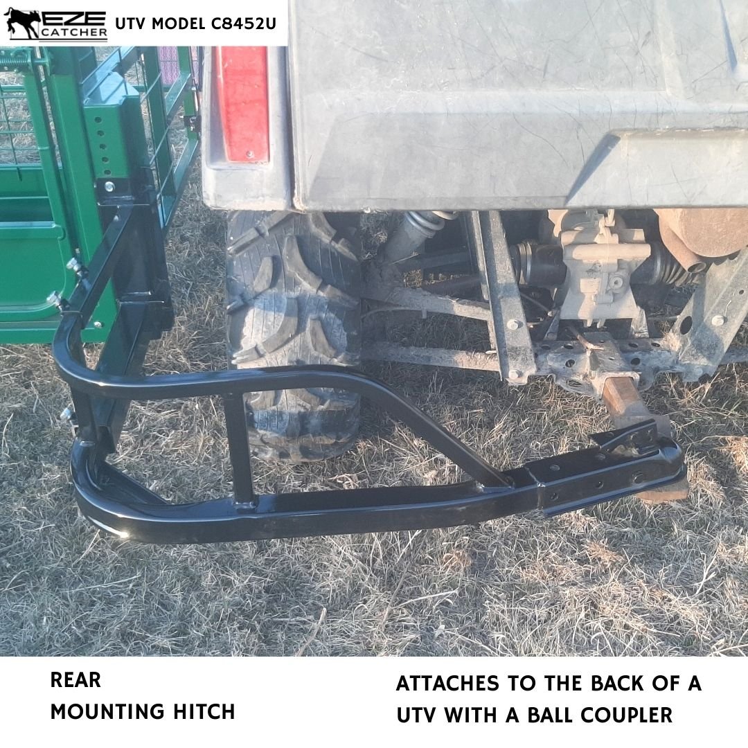 A rear hitch attachement for a quad, side by side to attach a calf catcher cage
