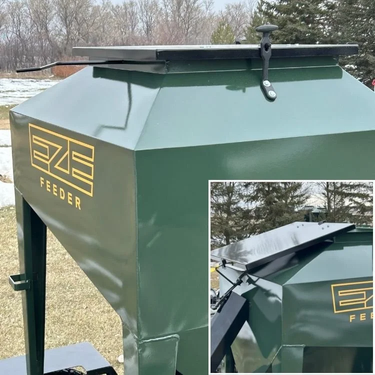 Eze-Feeder UTV Livestock Feeder,  showing steel lid with a smaller inset image showing the lid slid open