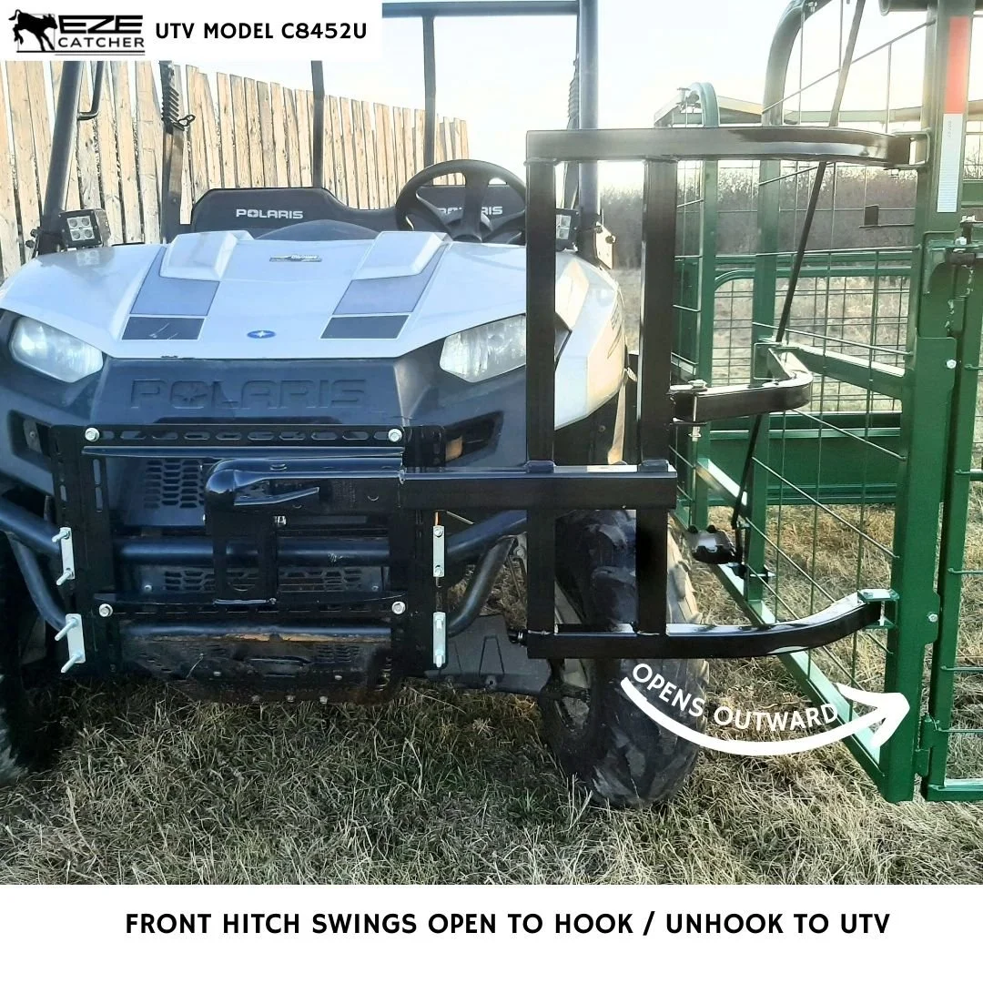 A polaris side by side hooked up to a calf catcher with a front hitch.