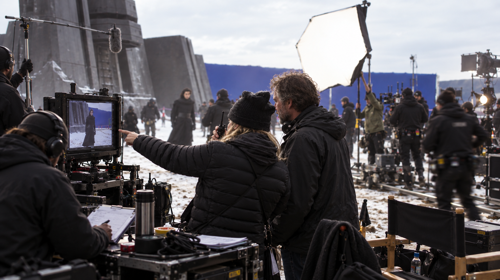 Film crew working outdoors on a snowy set with cameras, lights, and crew members, with a dark, fortress-like structure in the background.