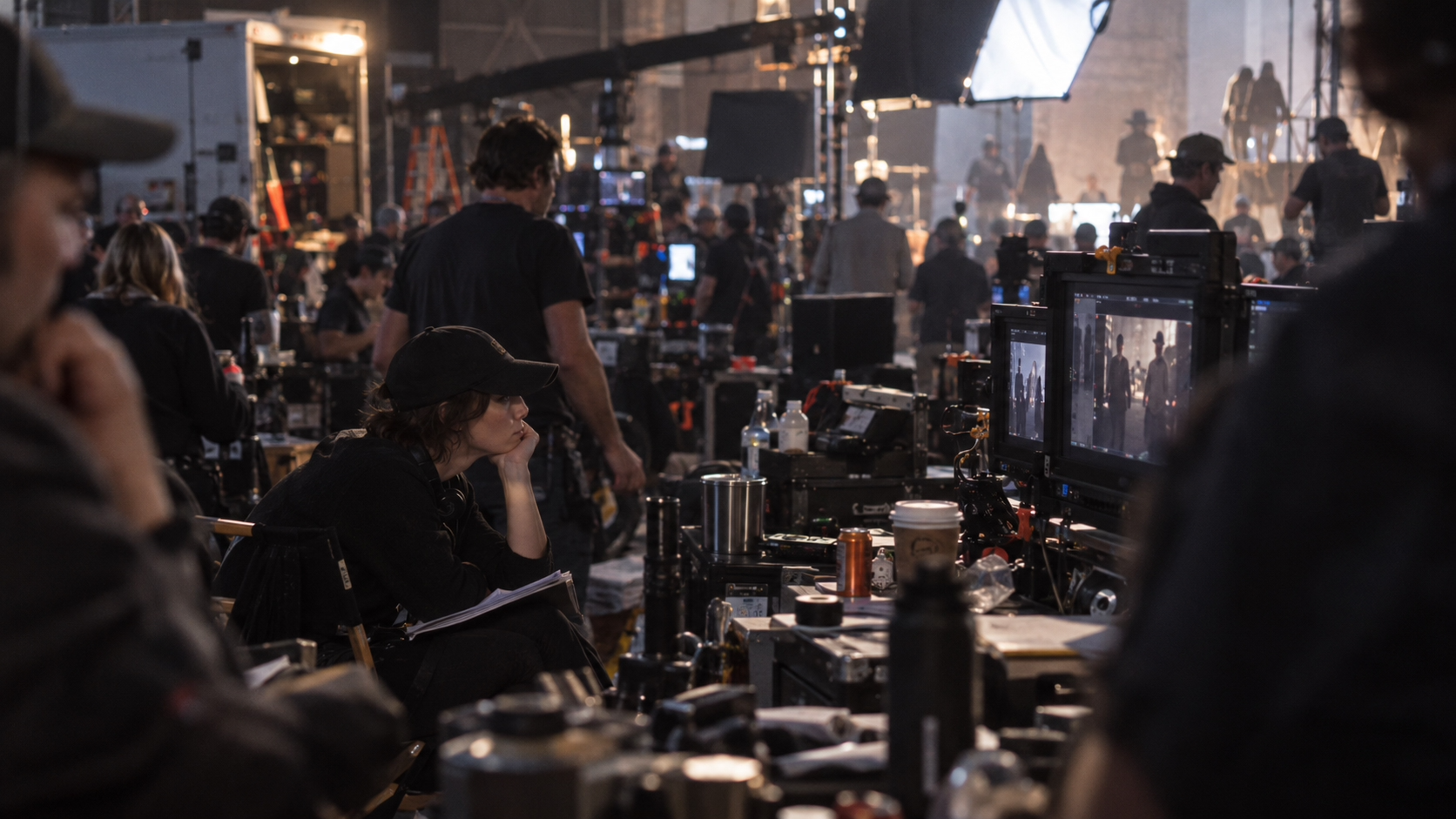 Kate Torres on a film production set surrounded by crew, monitors, and equipment during a shoot.