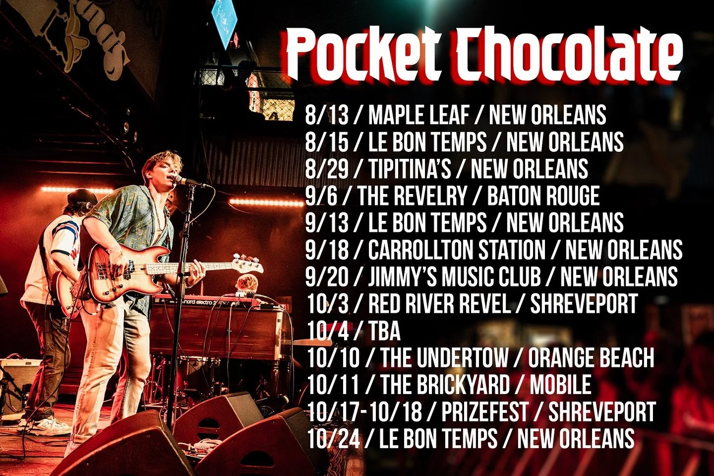 We&rsquo;ll be tearin&rsquo; it up this fall yooooo&hellip;next up THE WORLD FAMOUS @mapleleafnola THIS WEDNESDAY!!

Come see us, have fun and let us know where we&rsquo;ll see you!!🍫🧌

📸: @nathanaschweitzer 
.
.
.
.
.
.
#neworleans #nola #pocketc