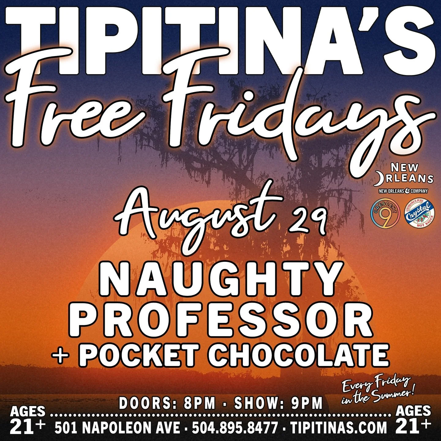 The final Free Fridays of the year @tipitinas is nearing and we wanna remind you we&rsquo;ll be opening it up for @naughty_professor a show you don&rsquo;t wanna miss!!

Super happy to be able to be a part of this sick summer series again&hellip;we c