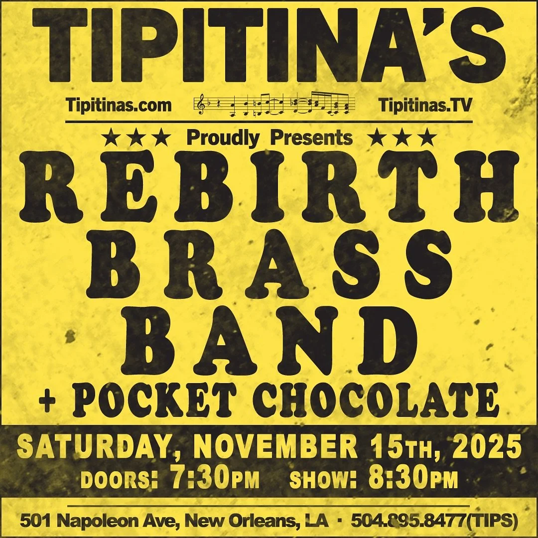 🚨NEW SHOW ANNOUNCEMENT🚨

This one was hard to keep secret! We&rsquo;re back at the world famous @tipitinas to open up for the one and only @rebirthbrassband on Saturday, Nov. 15th!!

We can&rsquo;t wait for this one and we hope to see you there! Ma