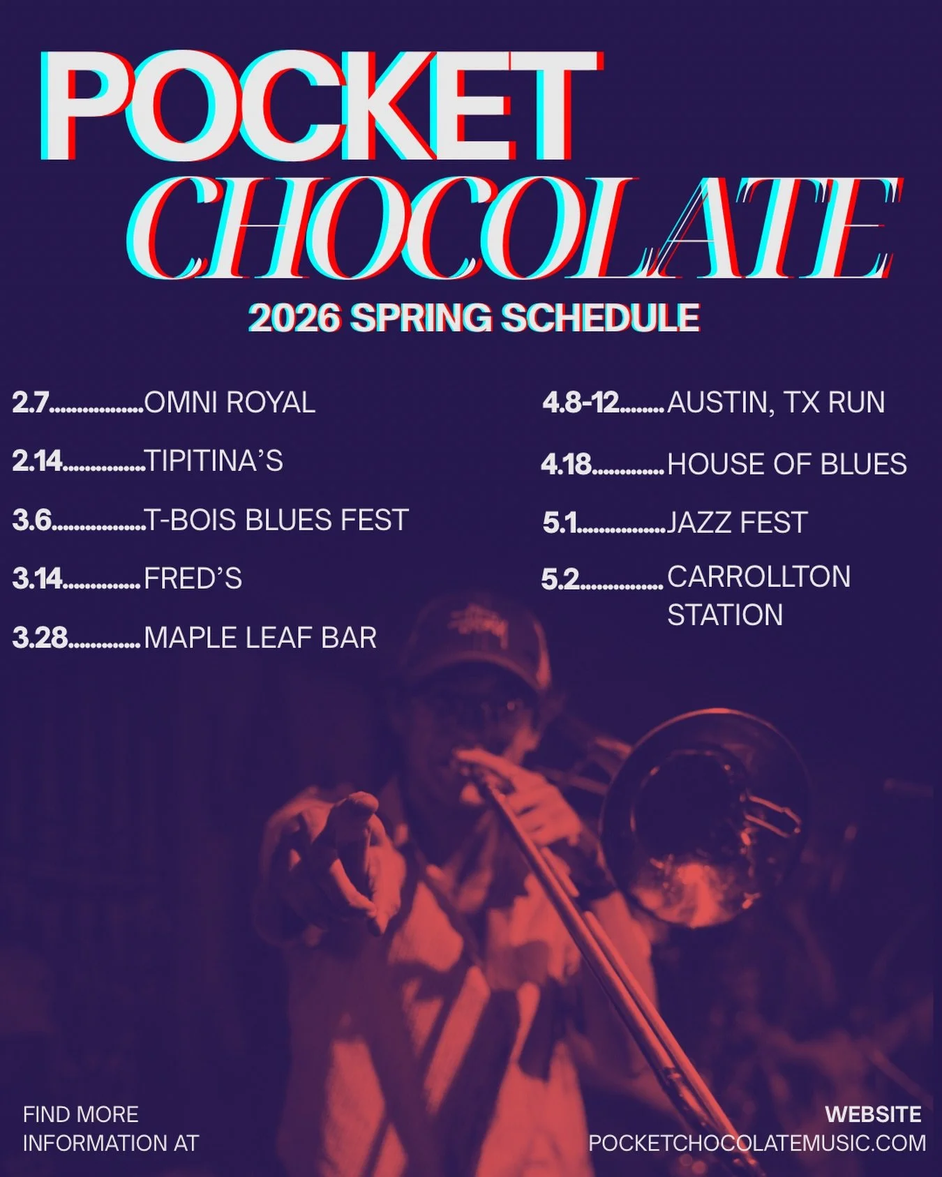 Where we&rsquo;ll be these next couple months🪐🍫

Let us know where we&rsquo;ll see ya and come say what&rsquo;s up!
📸: @nathanaschweitzer 
.
.
.
.
.
.
#pocketchocolate #neworleans #livemusic #spring2026 #letsgo