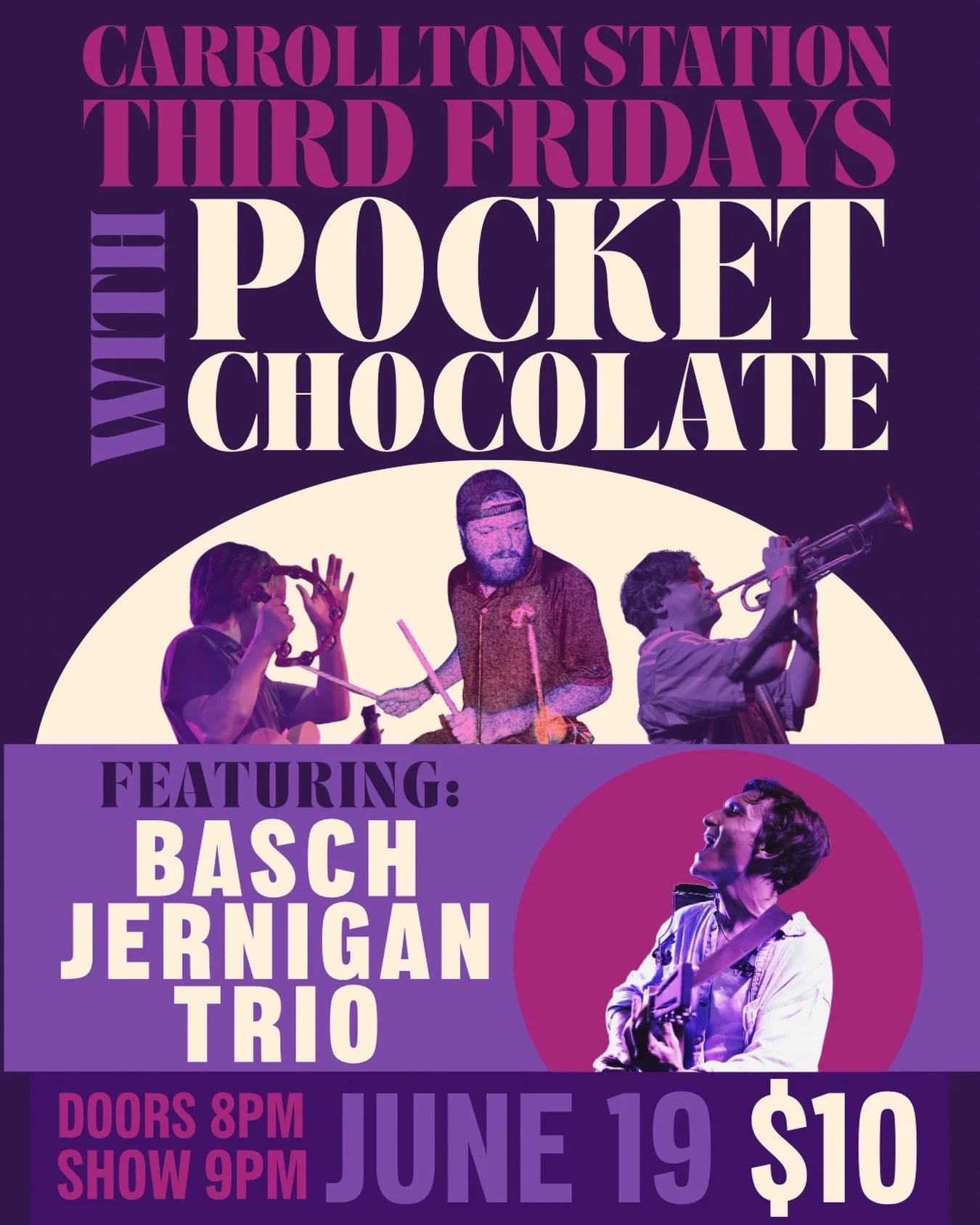 Third Fridays @carrollton_station gon be glorious with our good bud @baschington 

We can&rsquo;t wait yall! $10 tix at the door 
.
.
.
.
.
.
#neworleans #nolamusic #pocketchocolate #livemusic #thirdfridays
