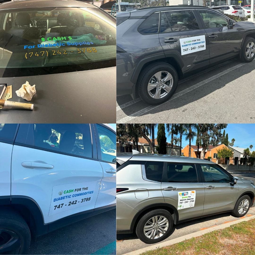 Vehicles displaying “Cash for Diabetic Supplies” signage used by TrustedDiabetic for local pickup services in Southern California.