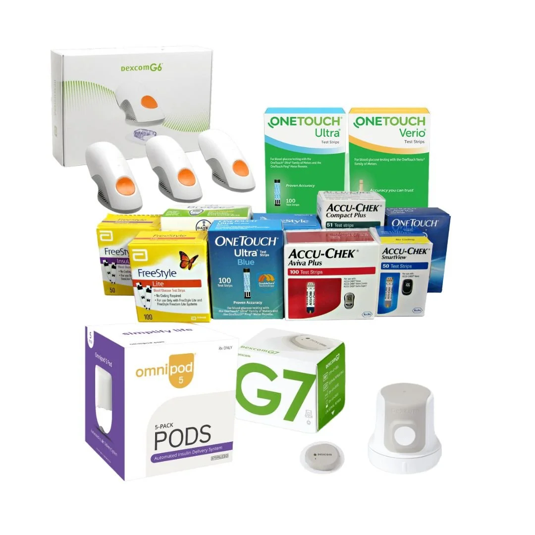 Common diabetic supplies including Dexcom, Omnipod, FreeStyle Libre, OneTouch, and Accu-Chek products accepted by TrustedDiabetic.
