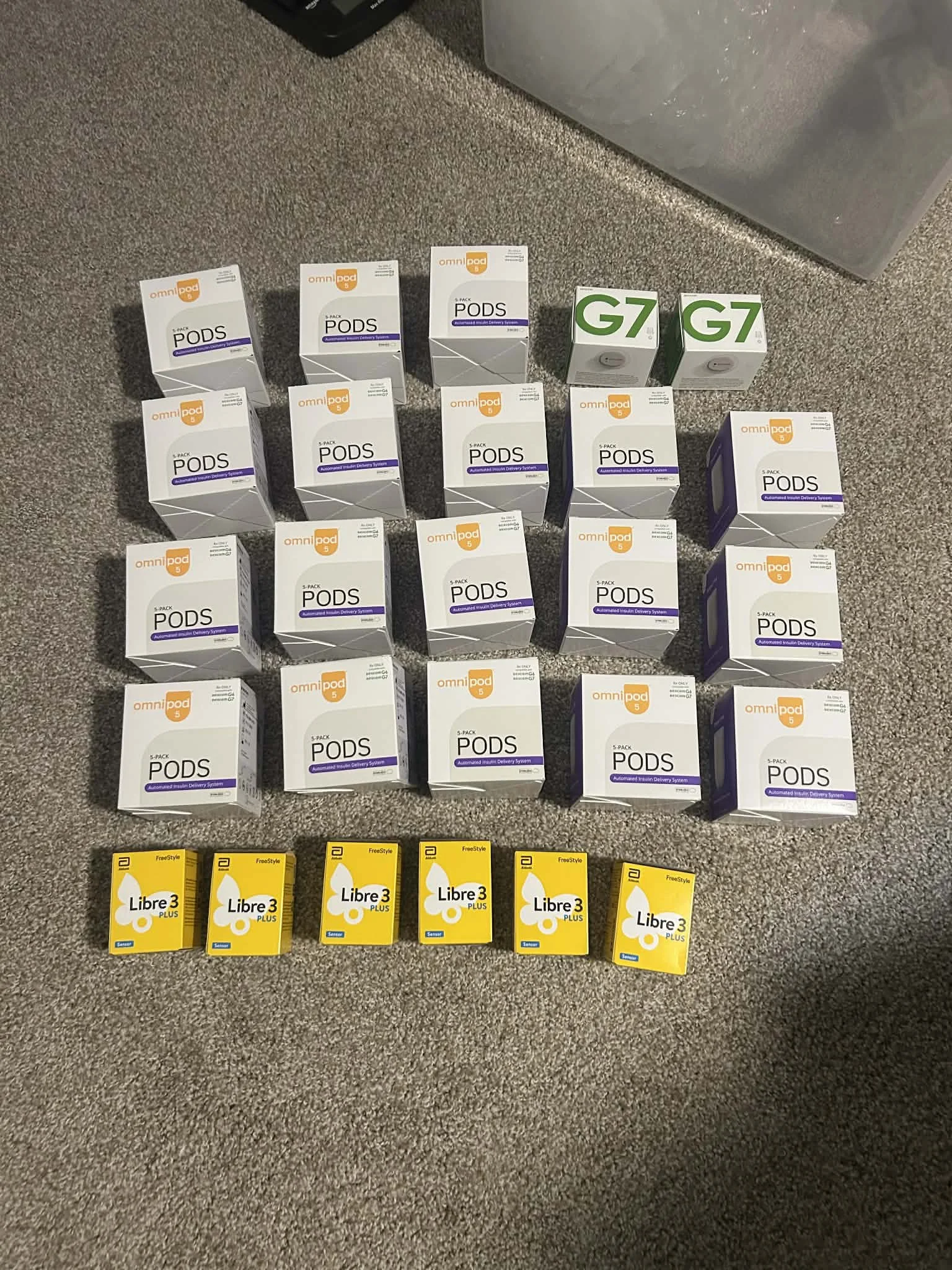 Large quantity of unopened diabetic supplies including Omnipod pods, Dexcom G7, and Libre sensors ready to sell for cash
