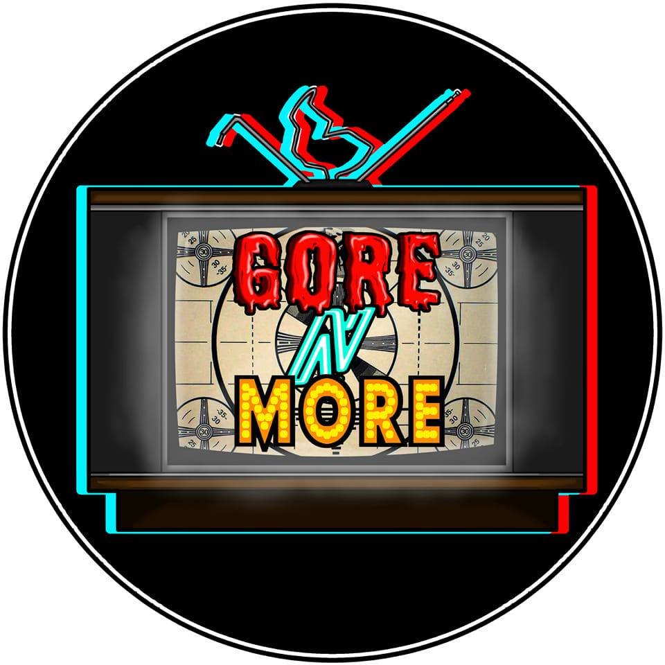 Neon sign with a vintage television screen displaying the words 'GORE AV MORE' in red, blue, and yellow text, with a space-age style figure on top of the sign.
