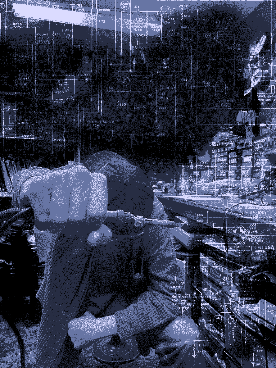 A person sitting in a cluttered workspace surrounded by electronic equipment, with digital circuit diagrams overlaid in the background.