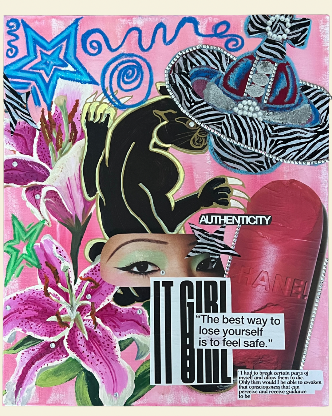 mixed media; acrylic, pastel, paper, and cloth material 