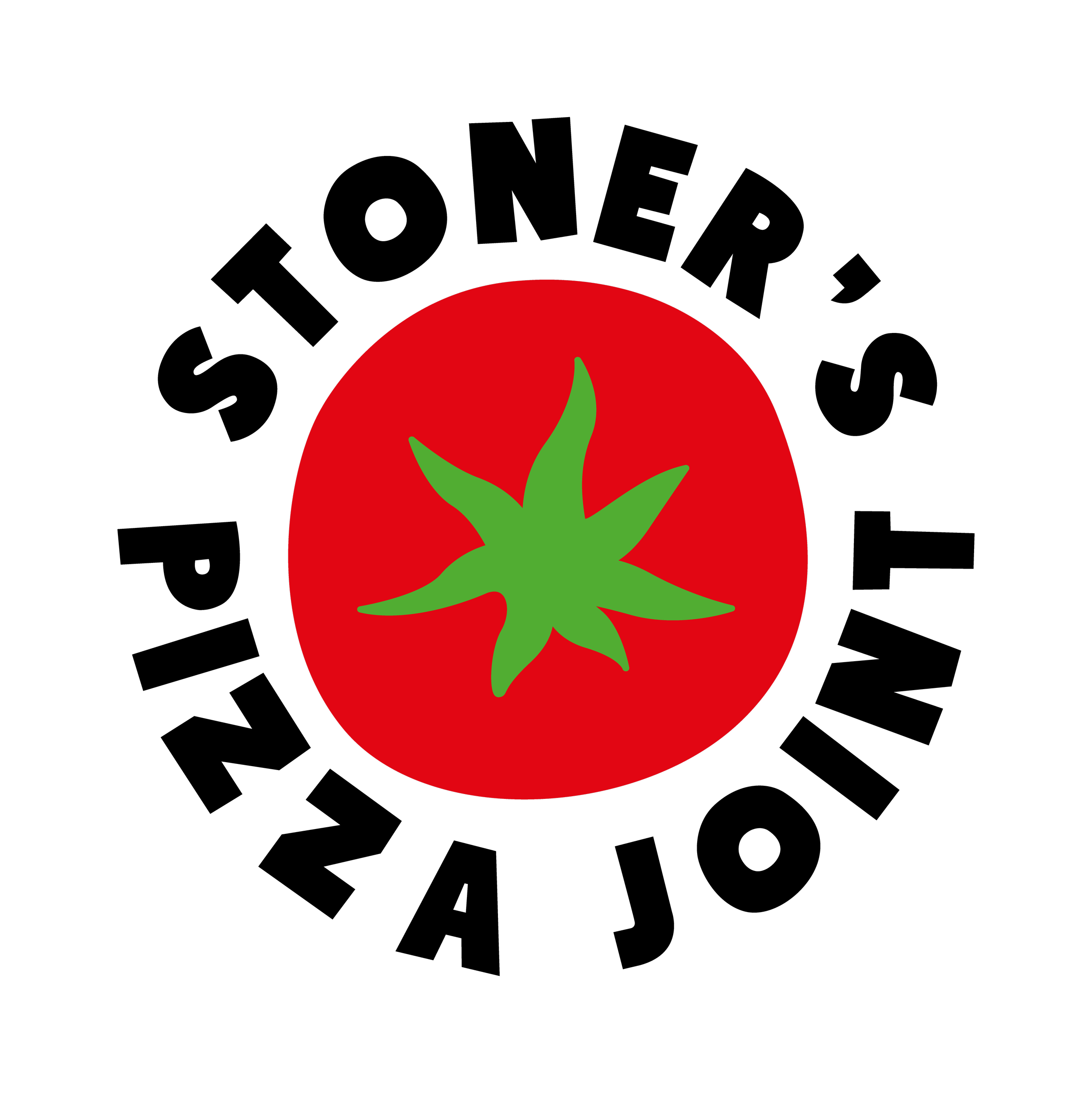 Graphic illustration of a red tomato with green leaves on a black background.