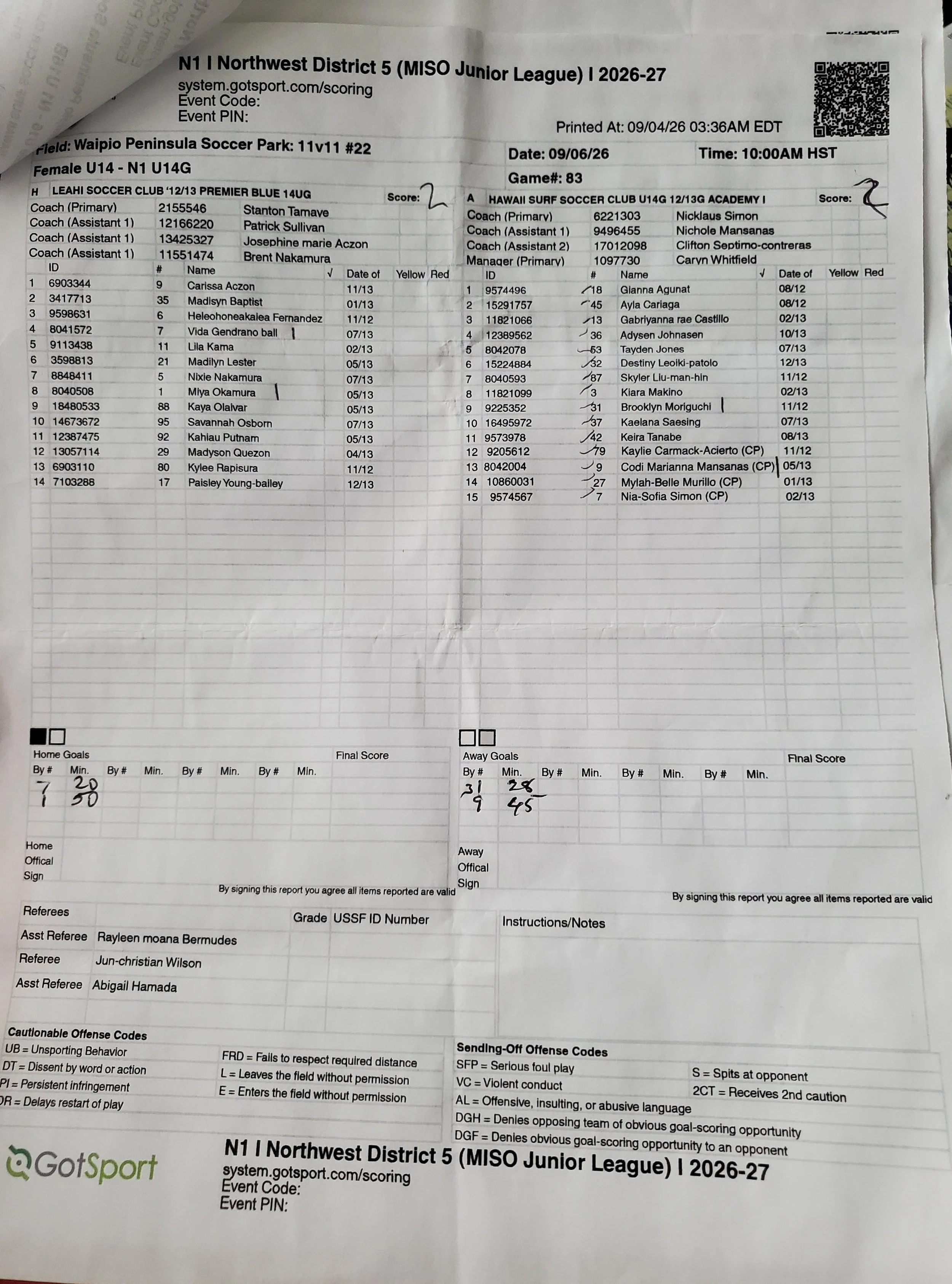 U14G N1 9/6/26 Game 83