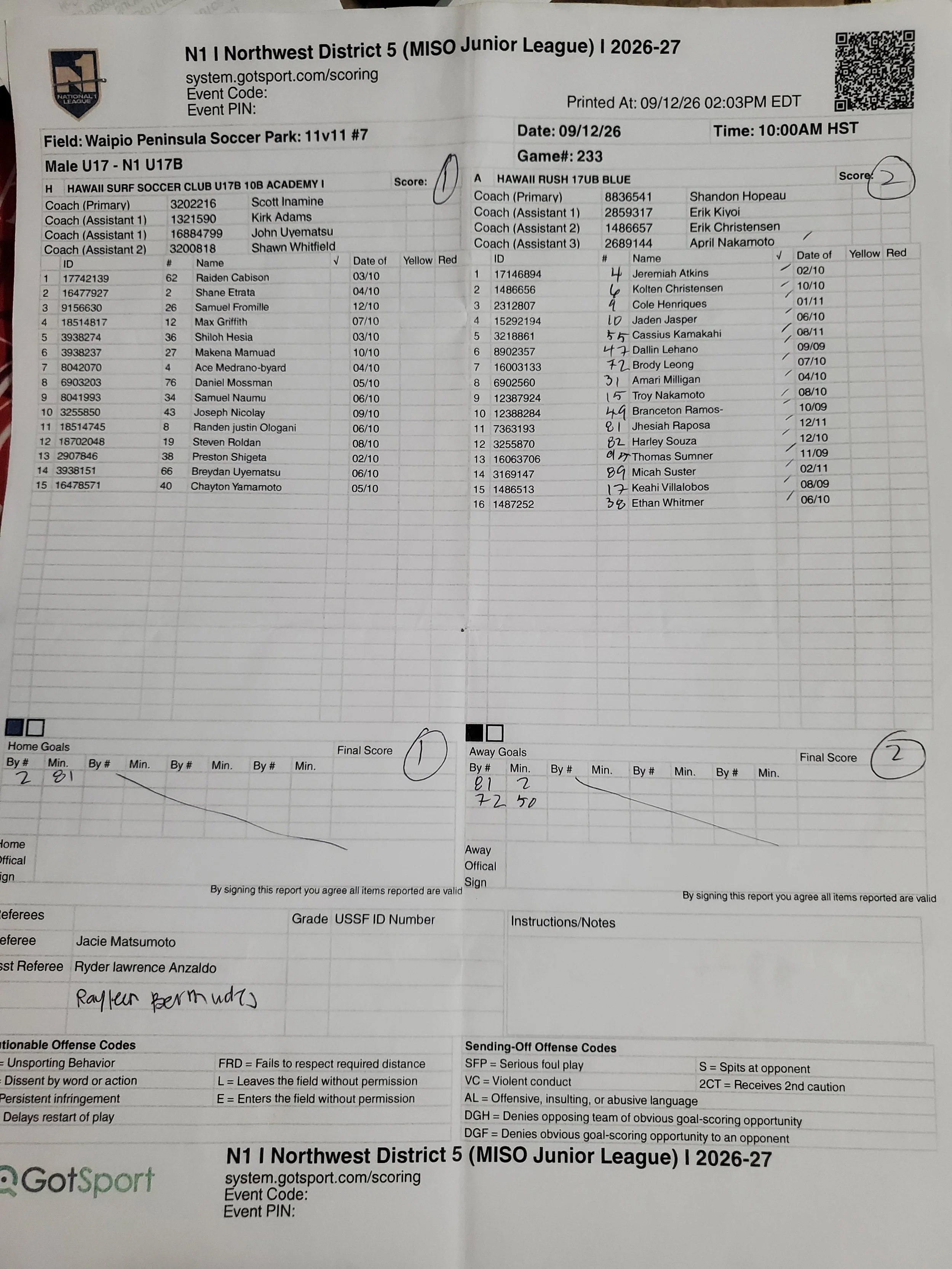 U17B N1 9/12/26 Game 233