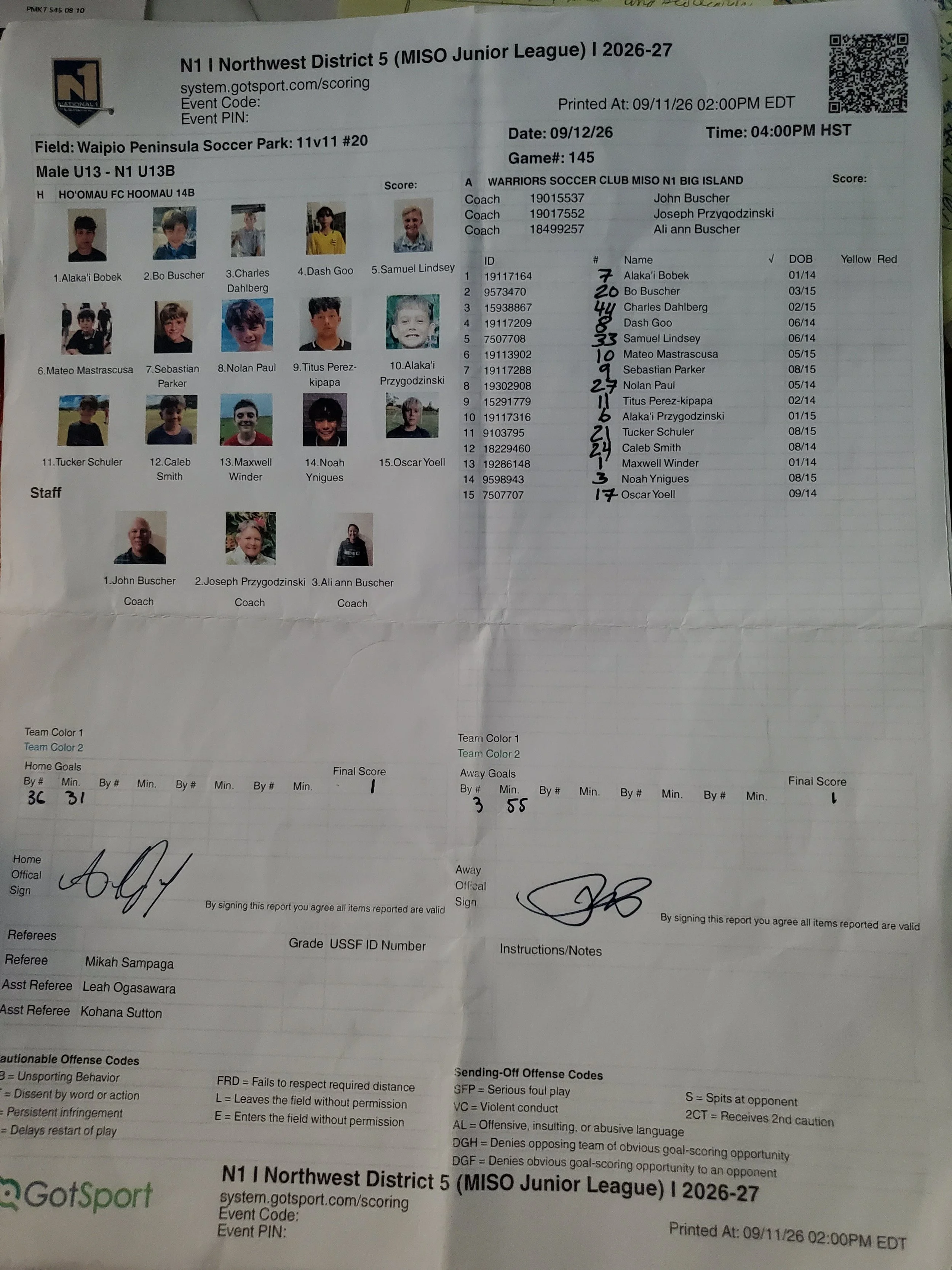 U13B N1 9/12/26 Game 145 (Warriors SC Big Island Roster)