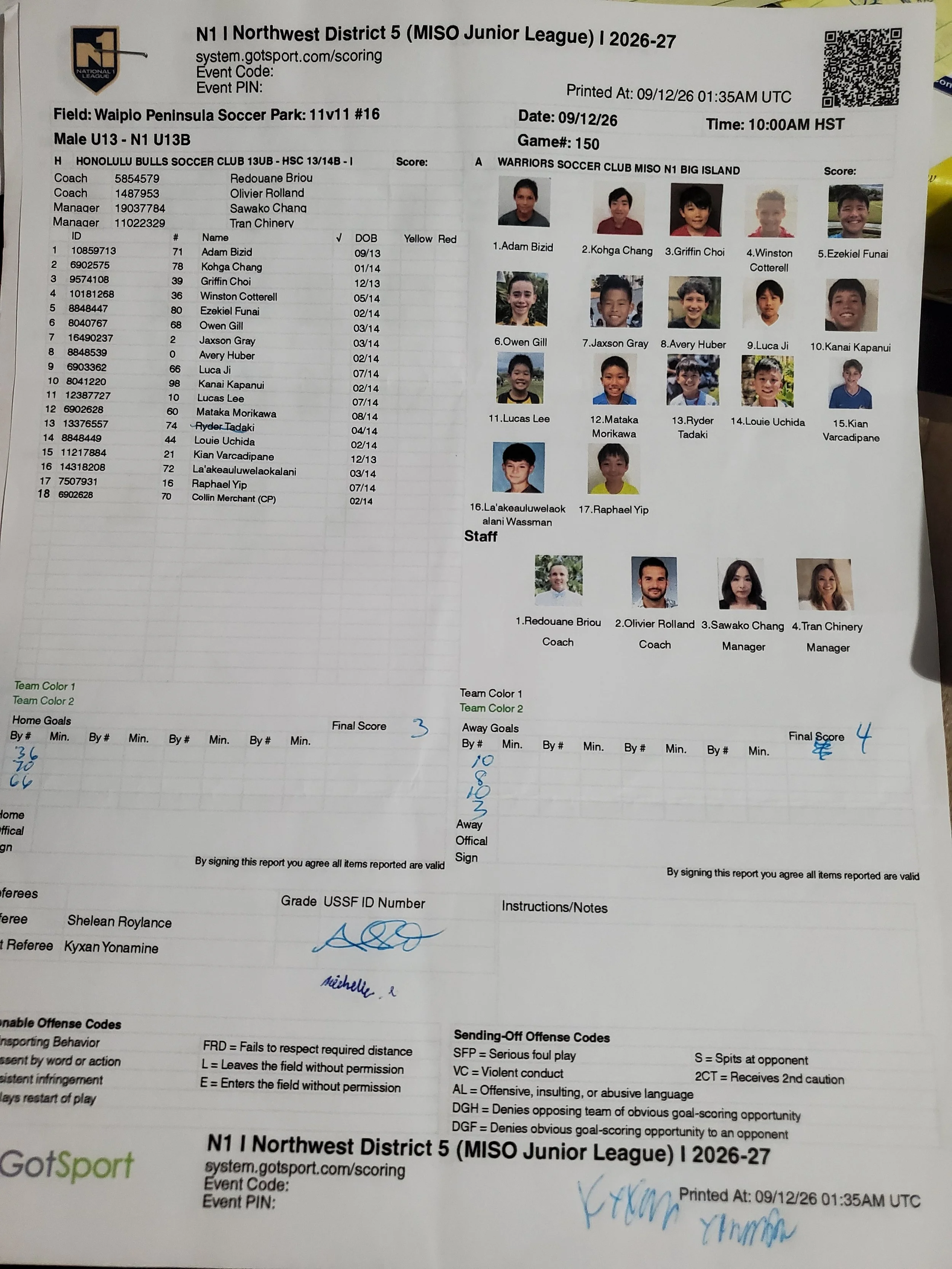 U13B N1 9/12/26 Game 150 (HNL Bulls Roster)