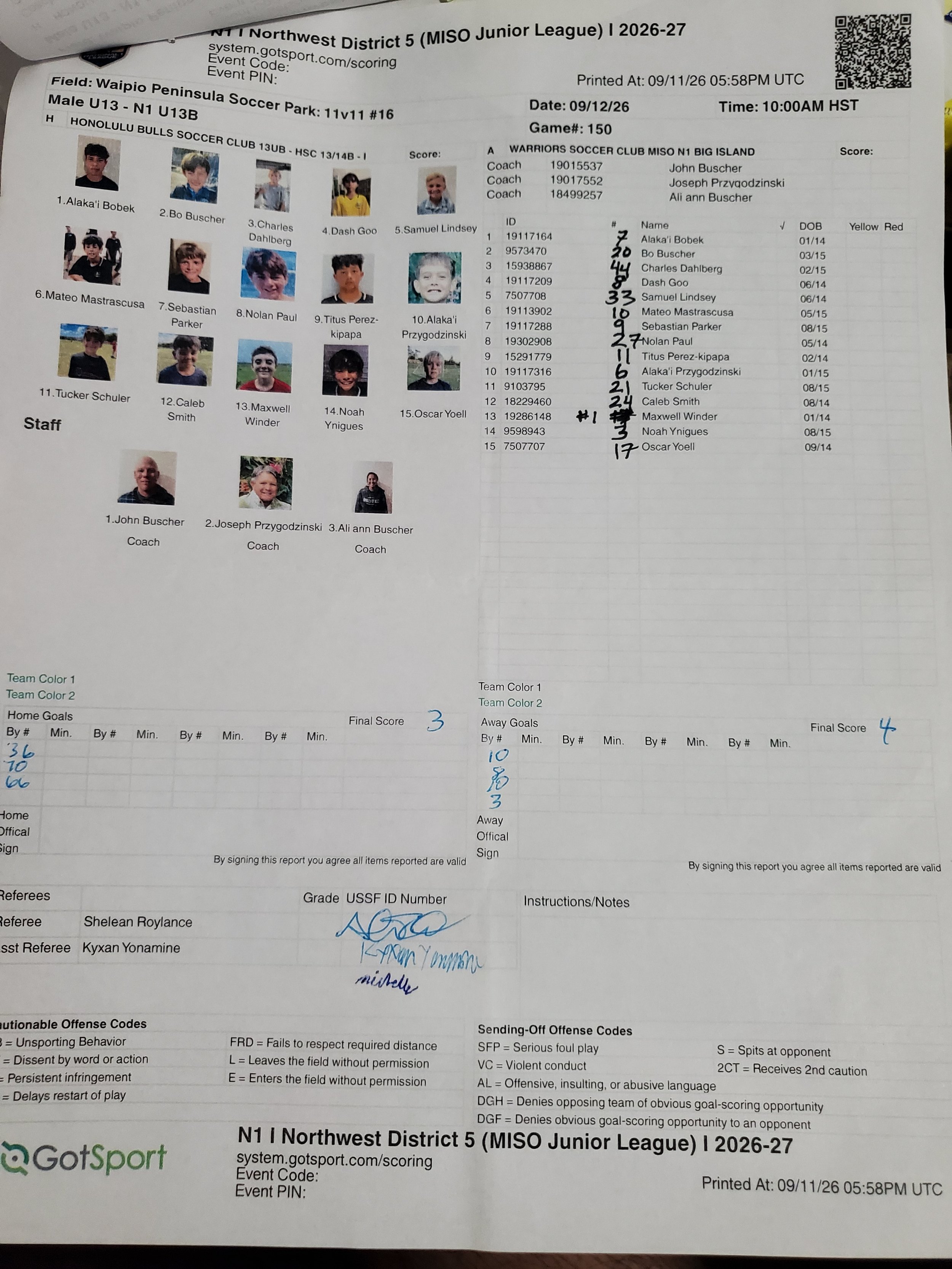 U13B N1 9/12/26 Game 150 (Warriors SC Roster)