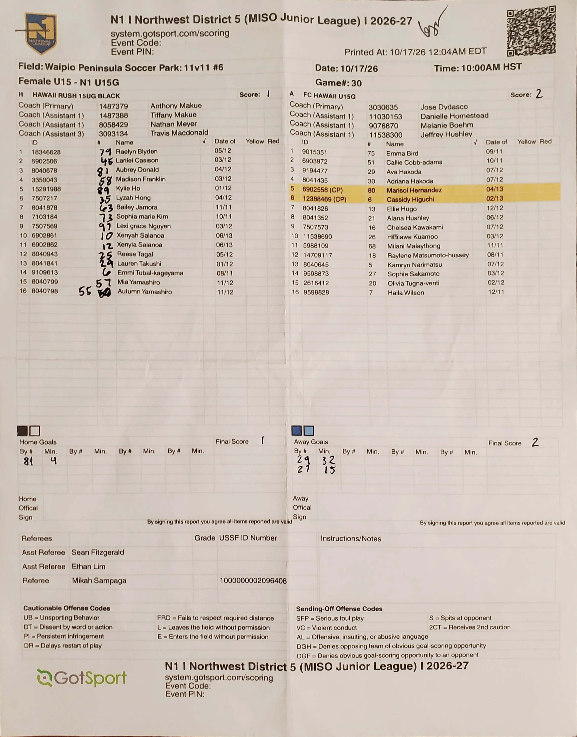 N1 U15G Game 30