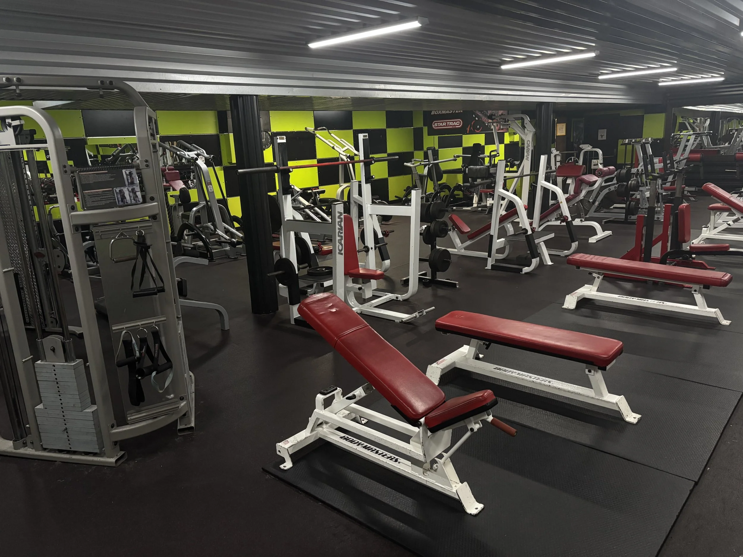 Empty gym with various workout equipment including weights, benches, and cardio machines, with a black and bright green color scheme.