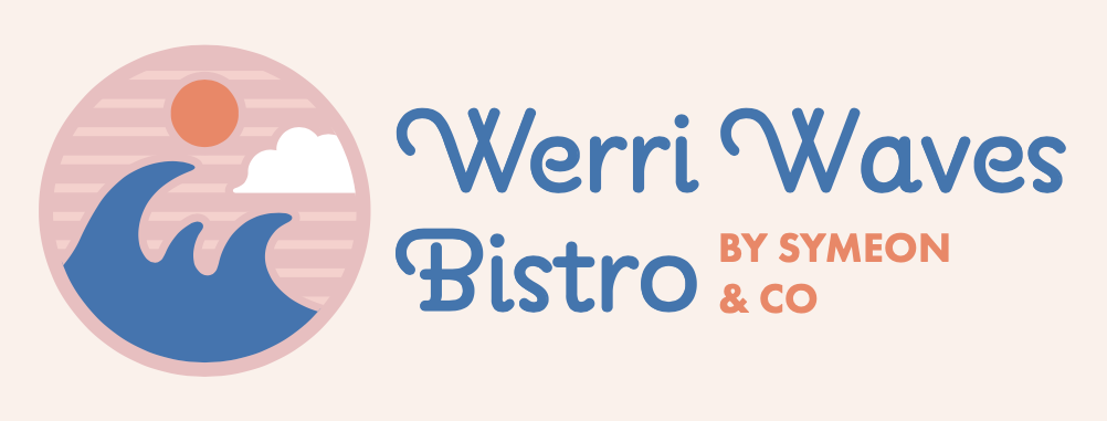 Logo for Werri Waves Bistro featuring stylized waves, a sun, and a cloud with text in blue and orange.