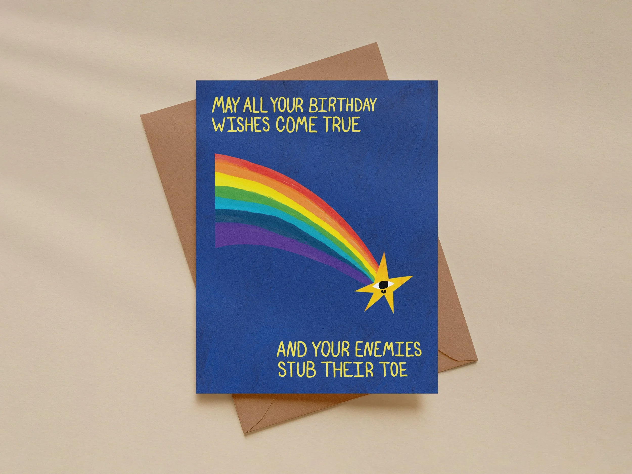 Funny Birthday Card — Shooting Star “May All Your Birthday Wishes Come True (and Your Enemies Stub Their Toe)” — Blank Inside, 5.5x4.25