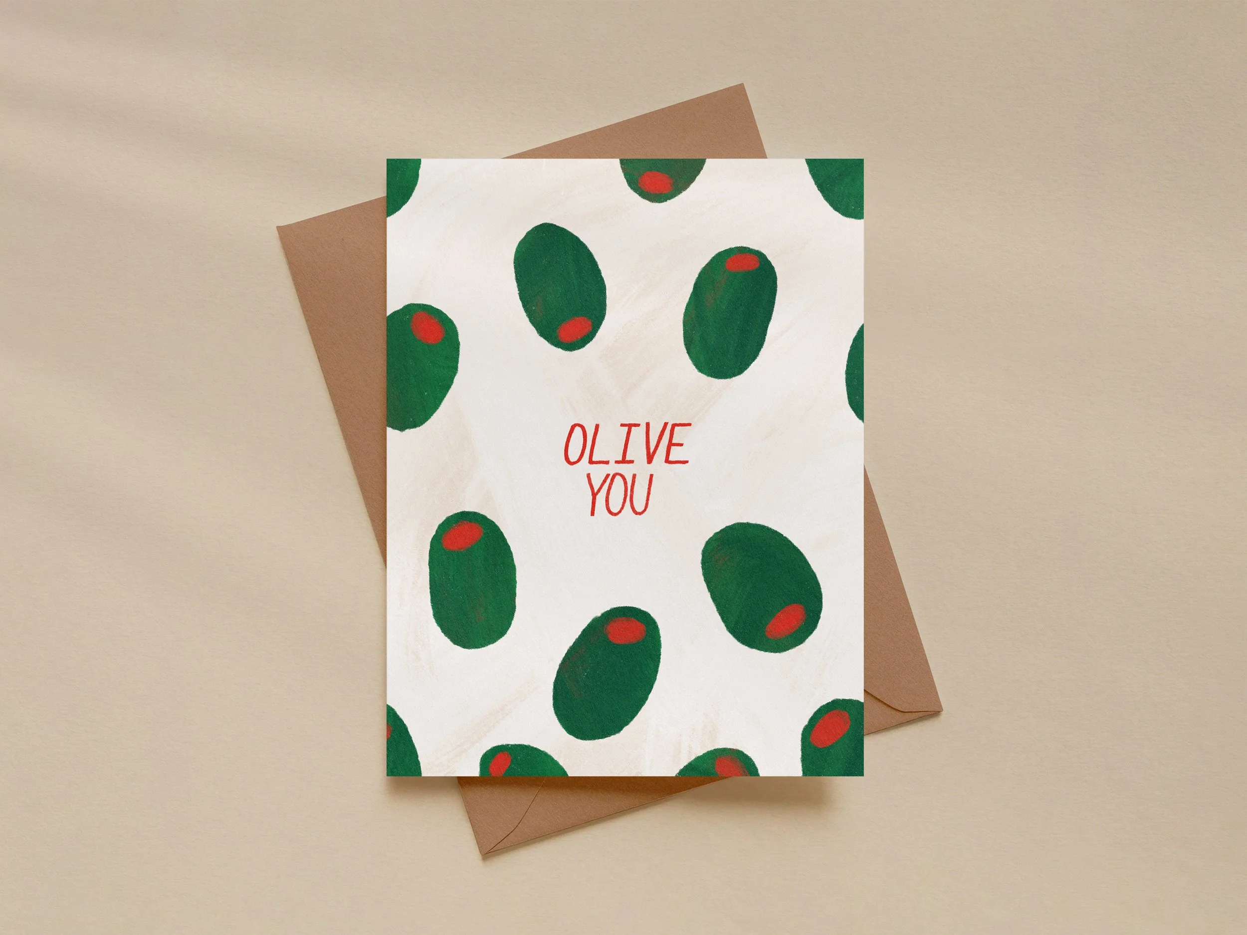 Olive You Card — Cute Pun Greeting Card with Olives, Love and Friendship Card, Blank Inside, 5.5x4.25