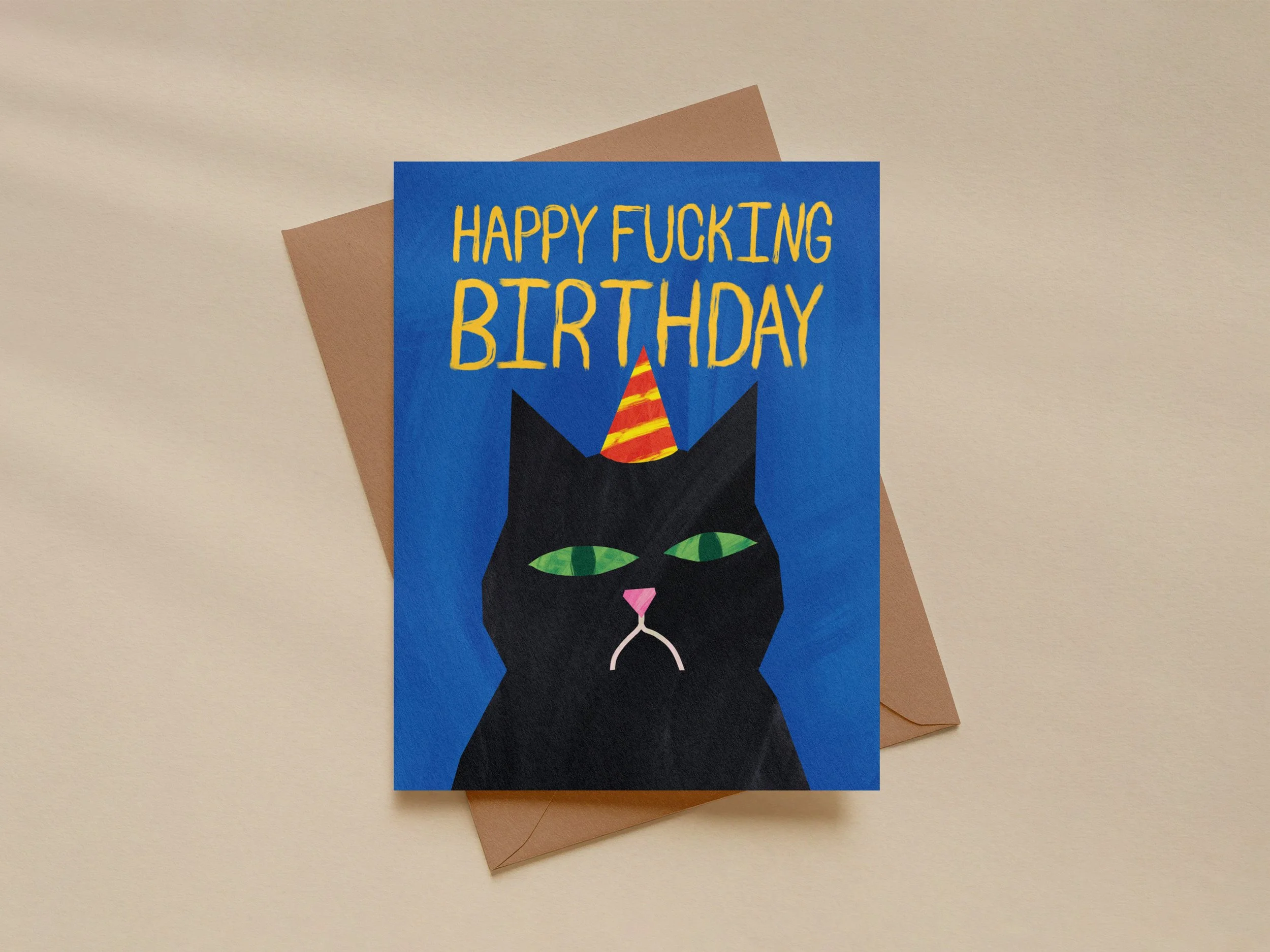 Funny Cat Birthday Card – Sarcastic Grumpy Cat in Party Hat